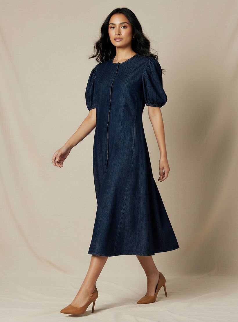 فستان قميص ميدي قطن بأكمام منفوخة-women-clothing-dresses-image-2