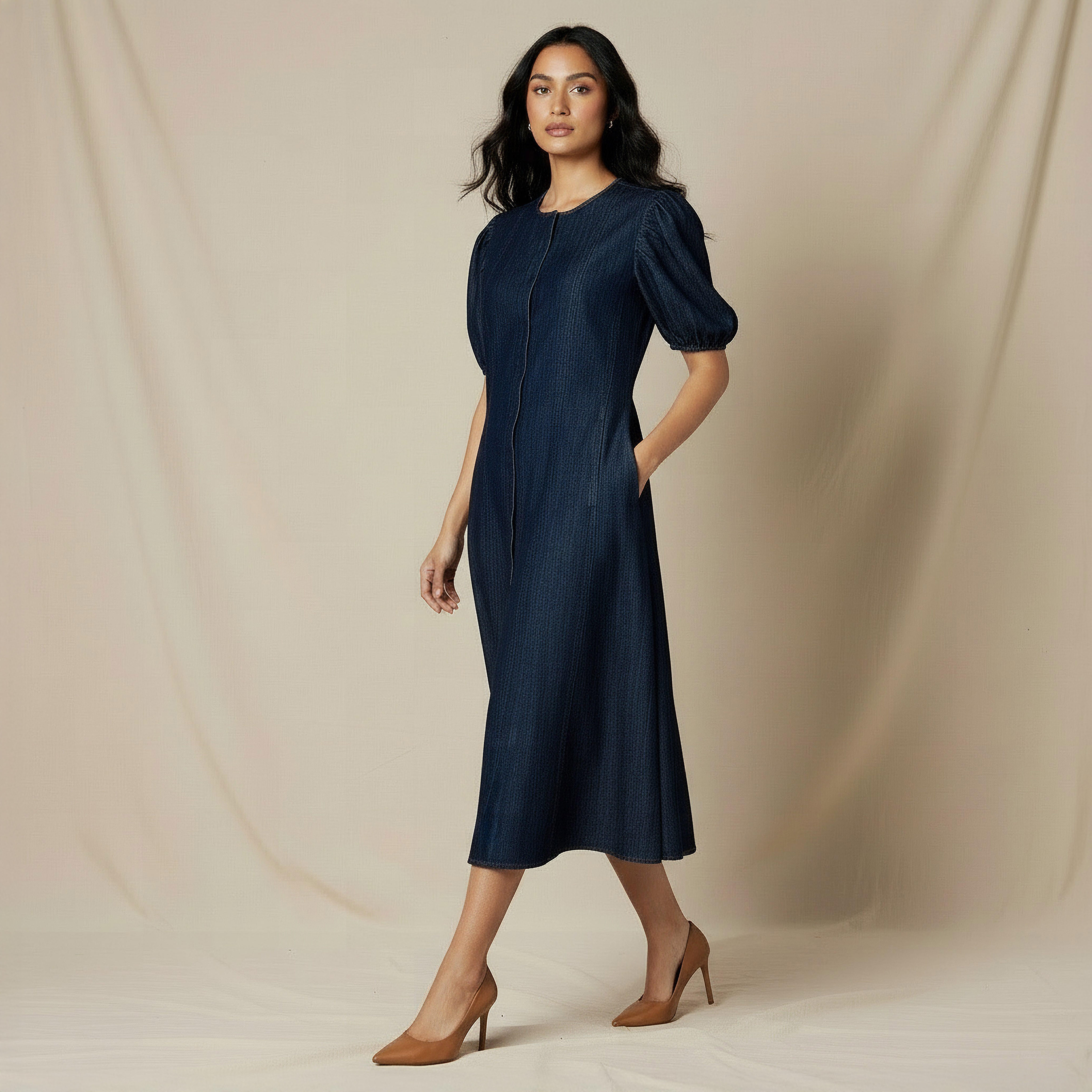 Shirt Midi Cotton Dress with Puff Sleeves-women-clothing-dresses-image-5