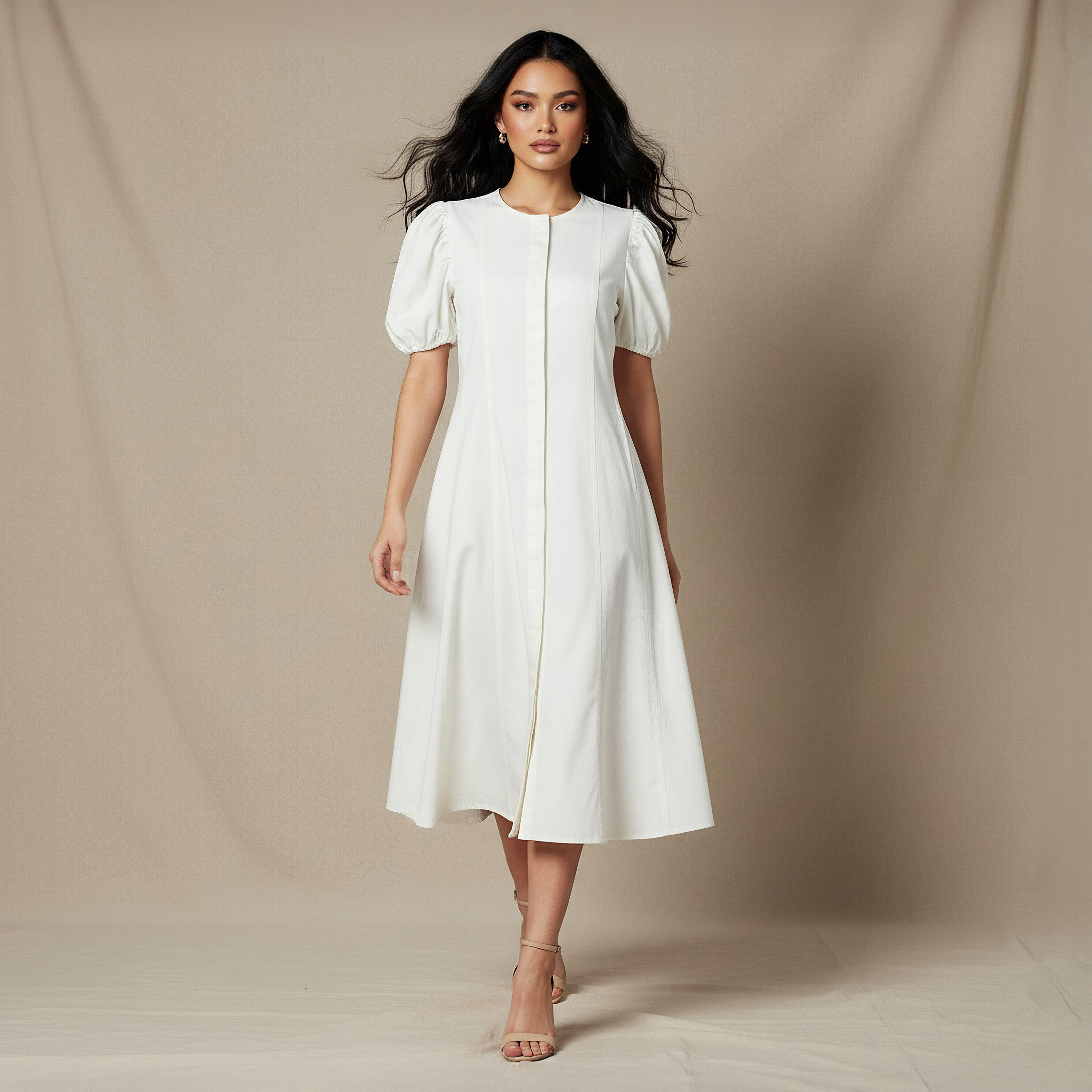 فستان قميص ميدي قطن بأكمام منفوخة-women-clothing-dresses-image-1