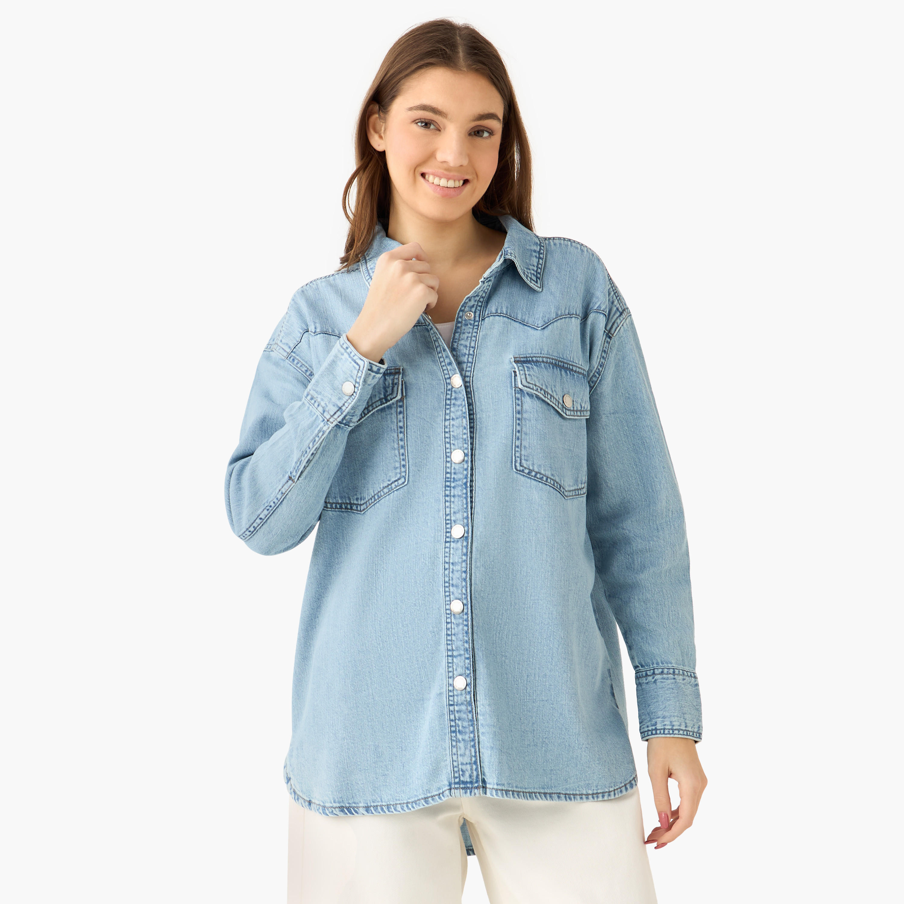 قميص دينم قطن فضفاض بجيوب-women-clothing-shirtsandblouses-shirts-image-2