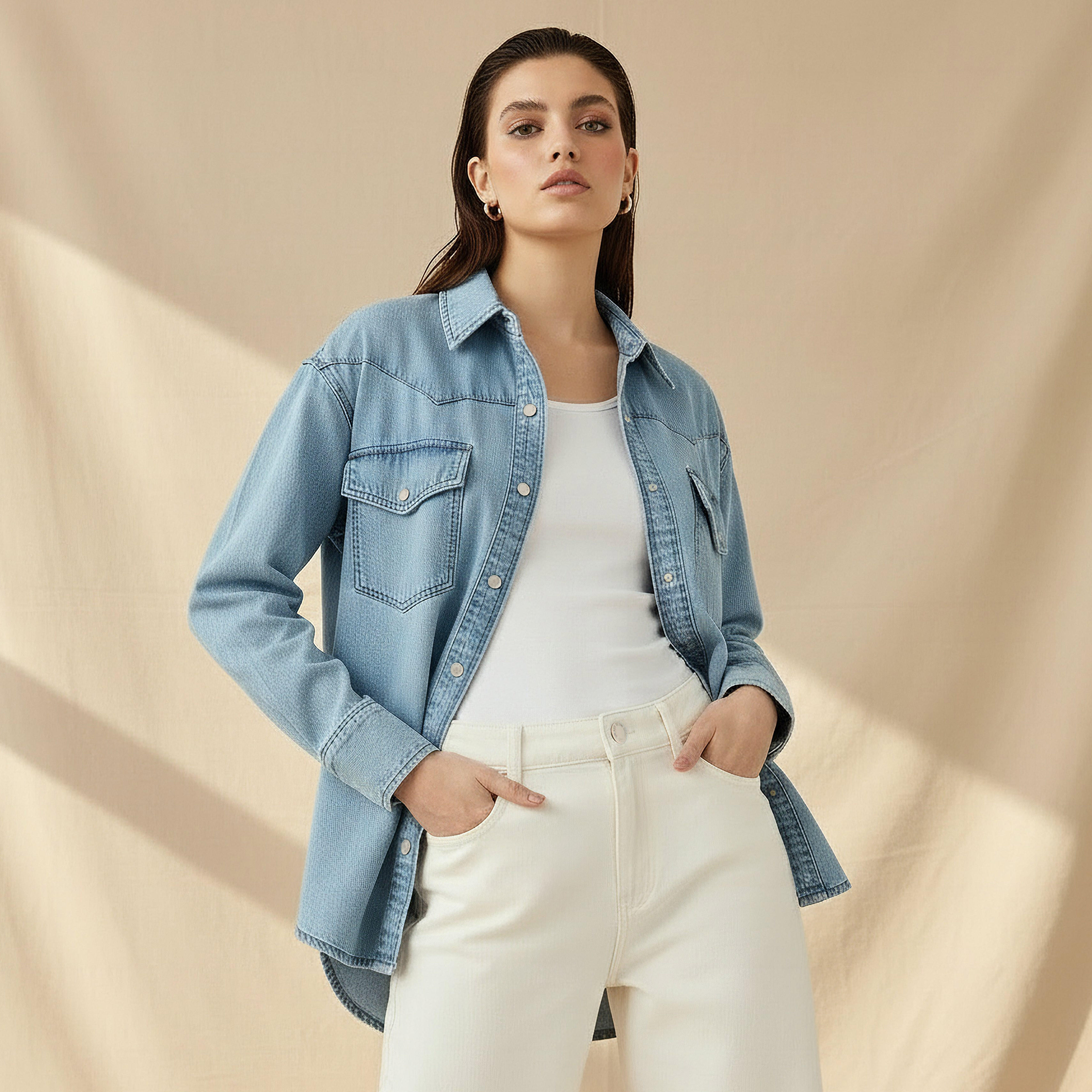 قميص دينم قطن فضفاض بجيوب-women-clothing-shirtsandblouses-shirts-image-1