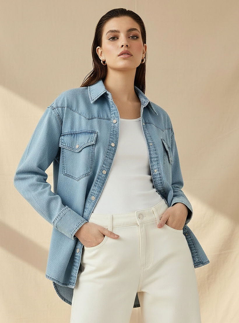 قميص دينم قطن فضفاض بجيوب-women-clothing-shirtsandblouses-shirts-image-1