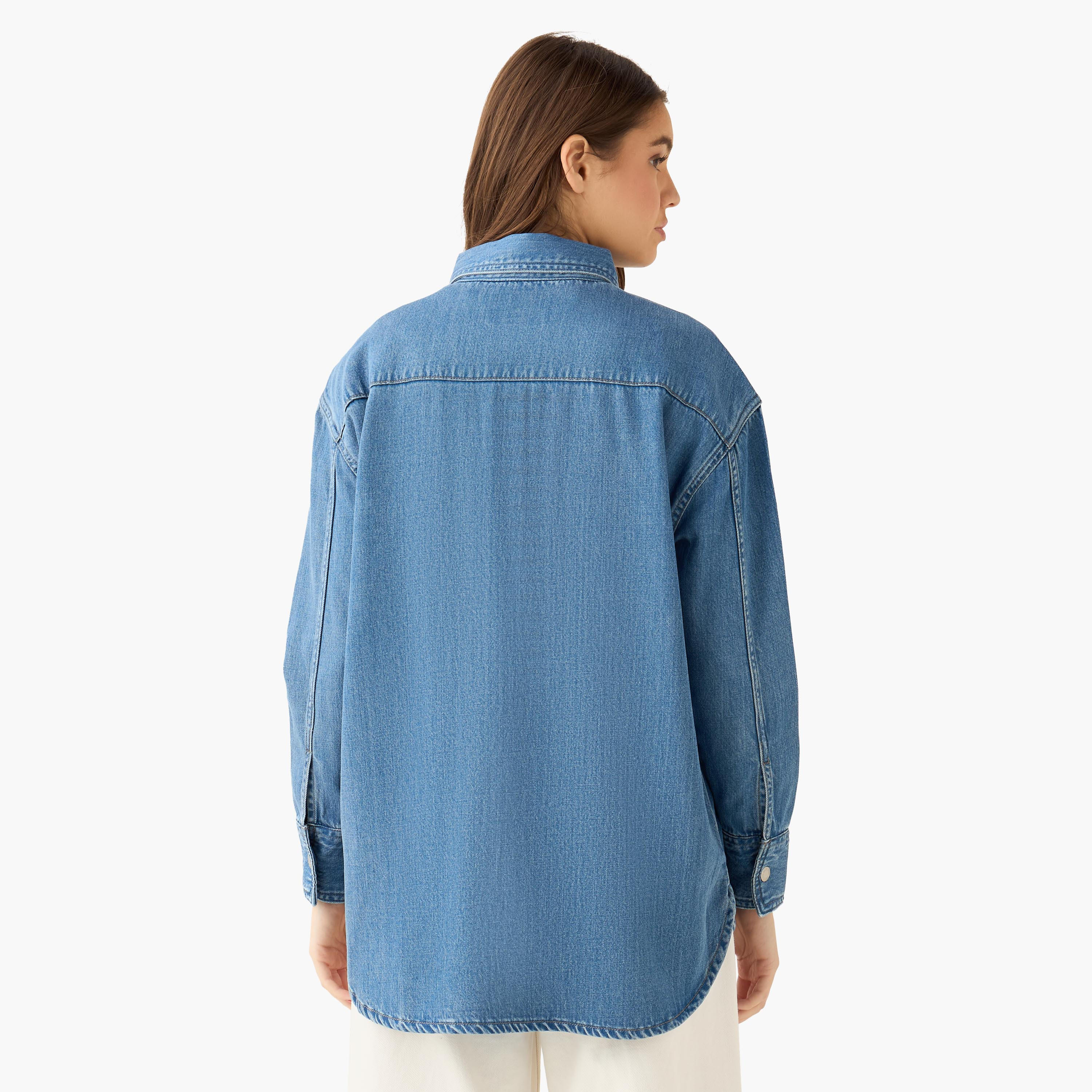 Oversized Cotton Denim Shirt with Chest Pockets-women-clothing-shirtsandblouses-shirts-image-5
