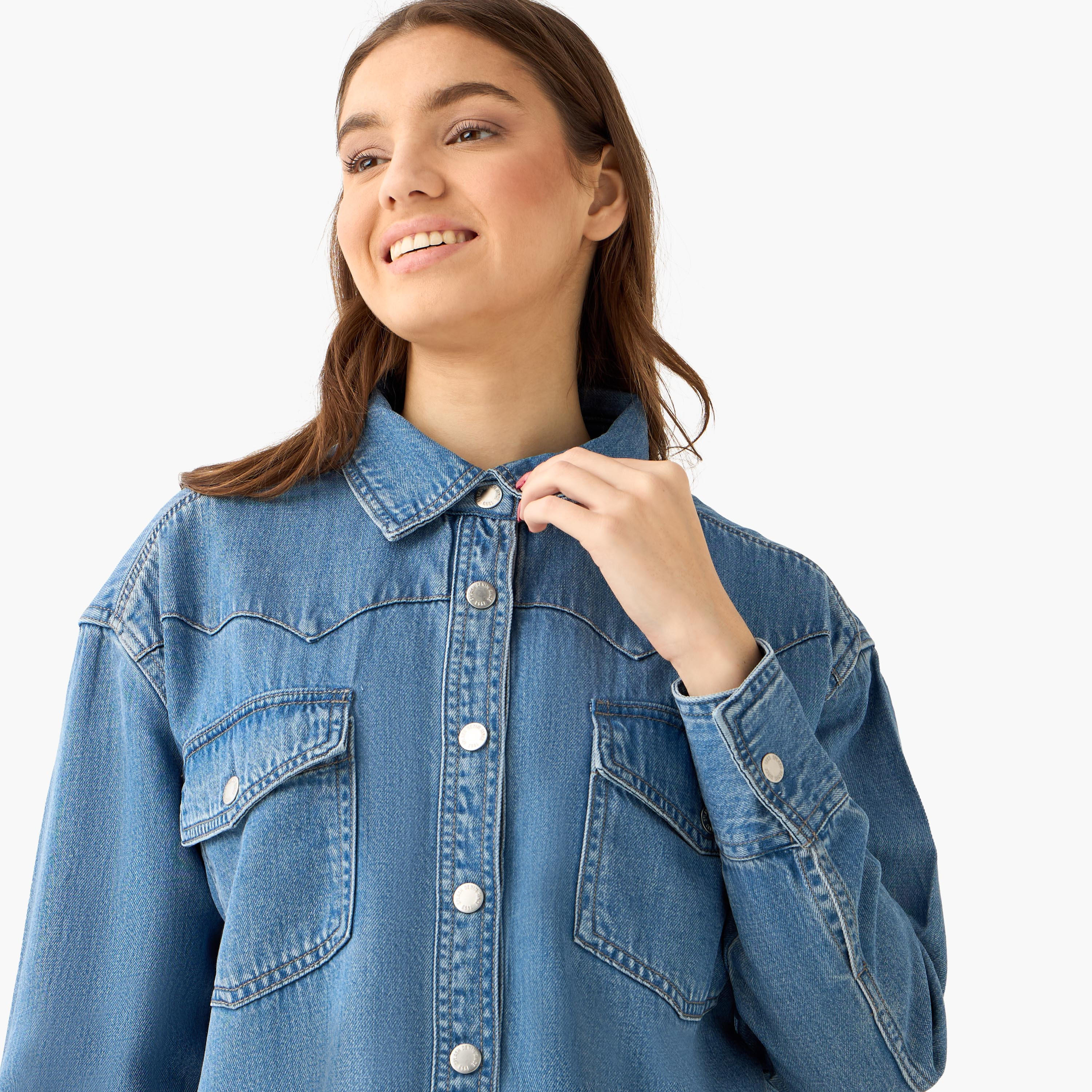 Oversized Cotton Denim Shirt with Chest Pockets-women-clothing-shirtsandblouses-shirts-image-6