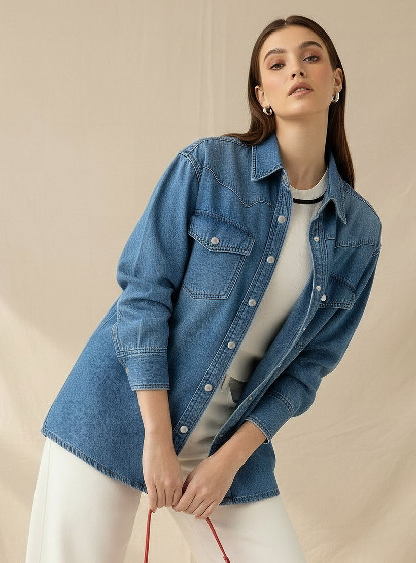 Oversized Cotton Denim Shirt with Chest Pockets-women-clothing-shirtsandblouses-shirts-image-1