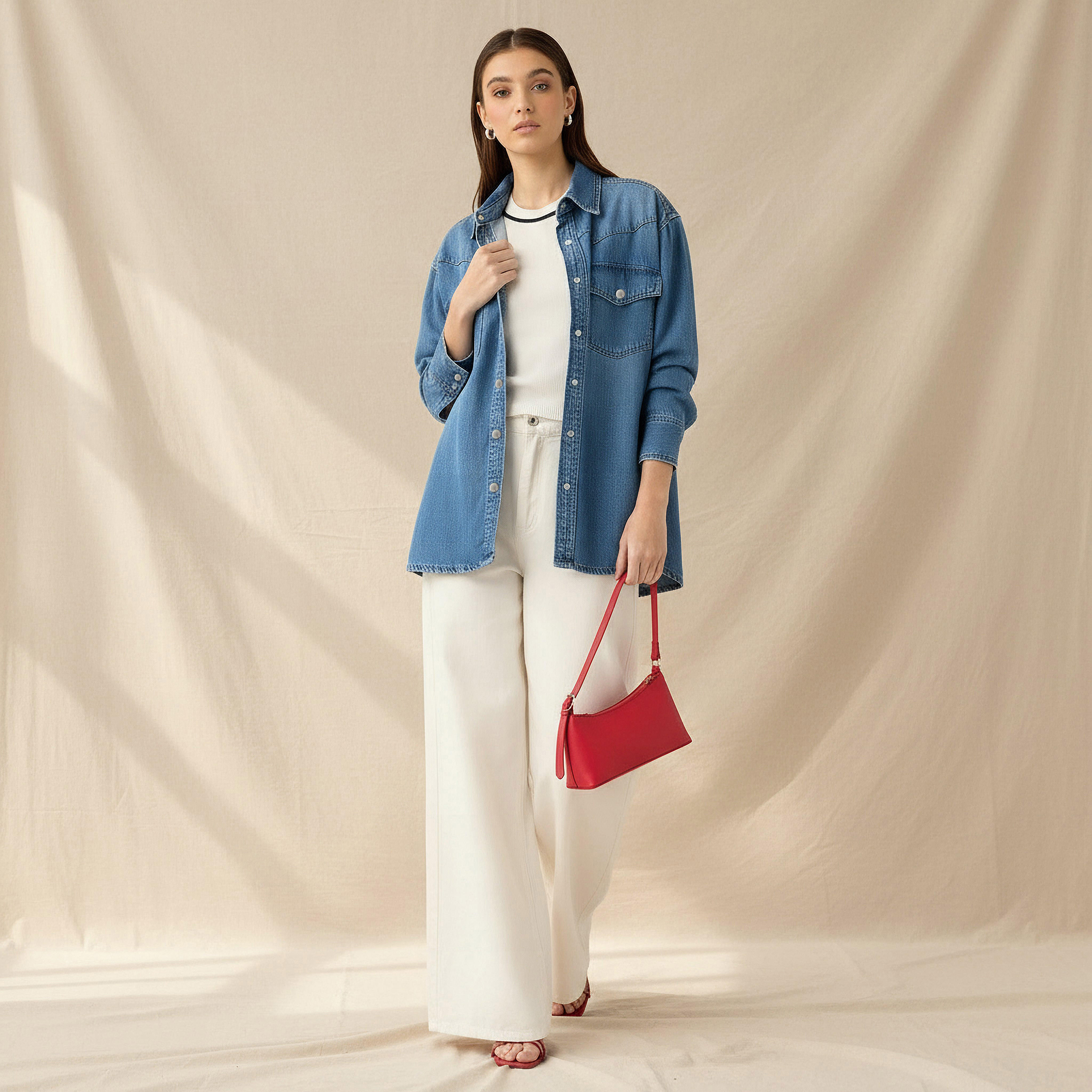 Oversized Cotton Denim Shirt with Chest Pockets-women-clothing-shirtsandblouses-shirts-image-2