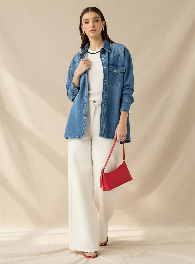 Oversized Cotton Denim Shirt with Chest Pockets-women-clothing-shirtsandblouses-shirts-image-2