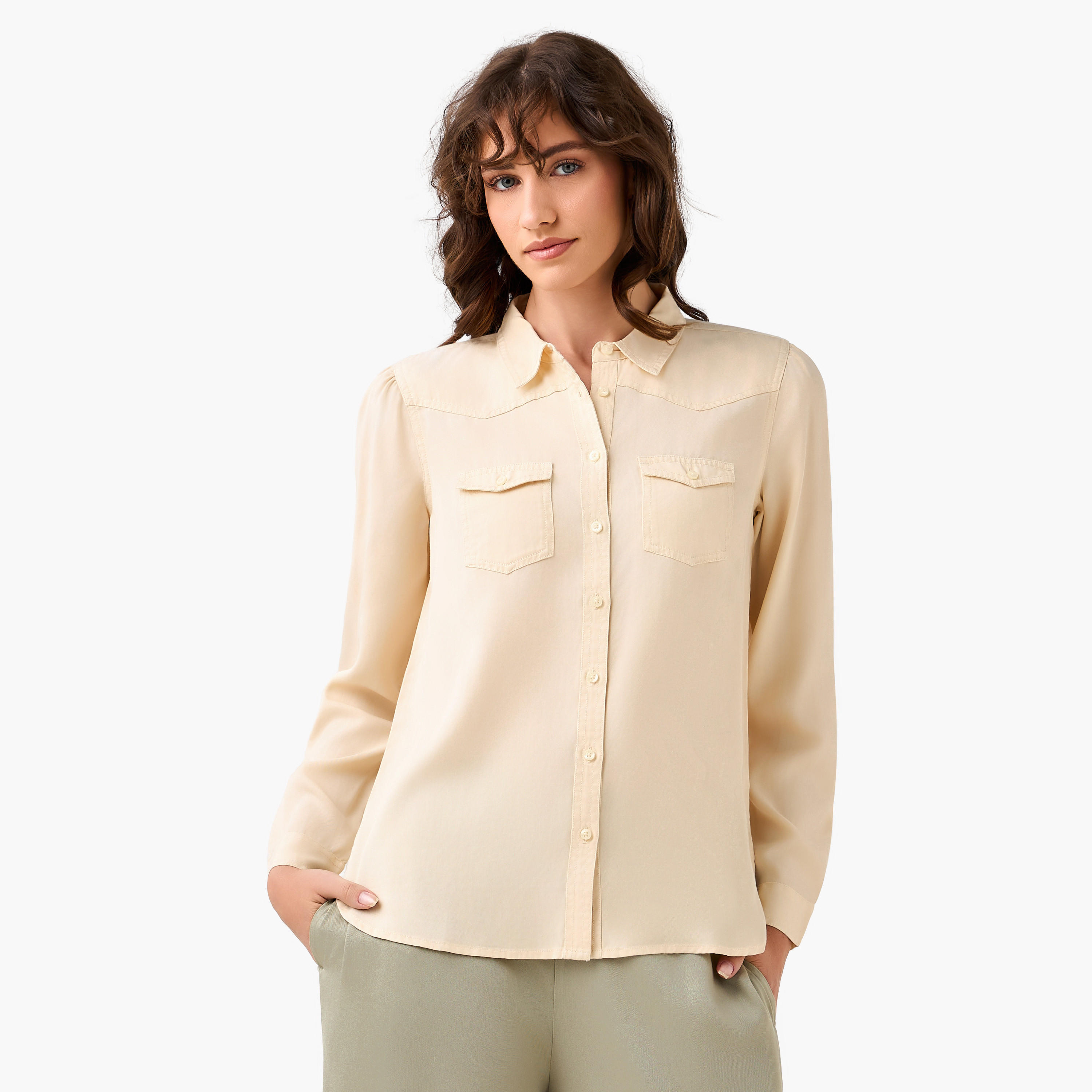 قميص دينم ليوسيل بقصّة عادية مع جيوب-women-clothing-shirtsandblouses-shirts-image-2