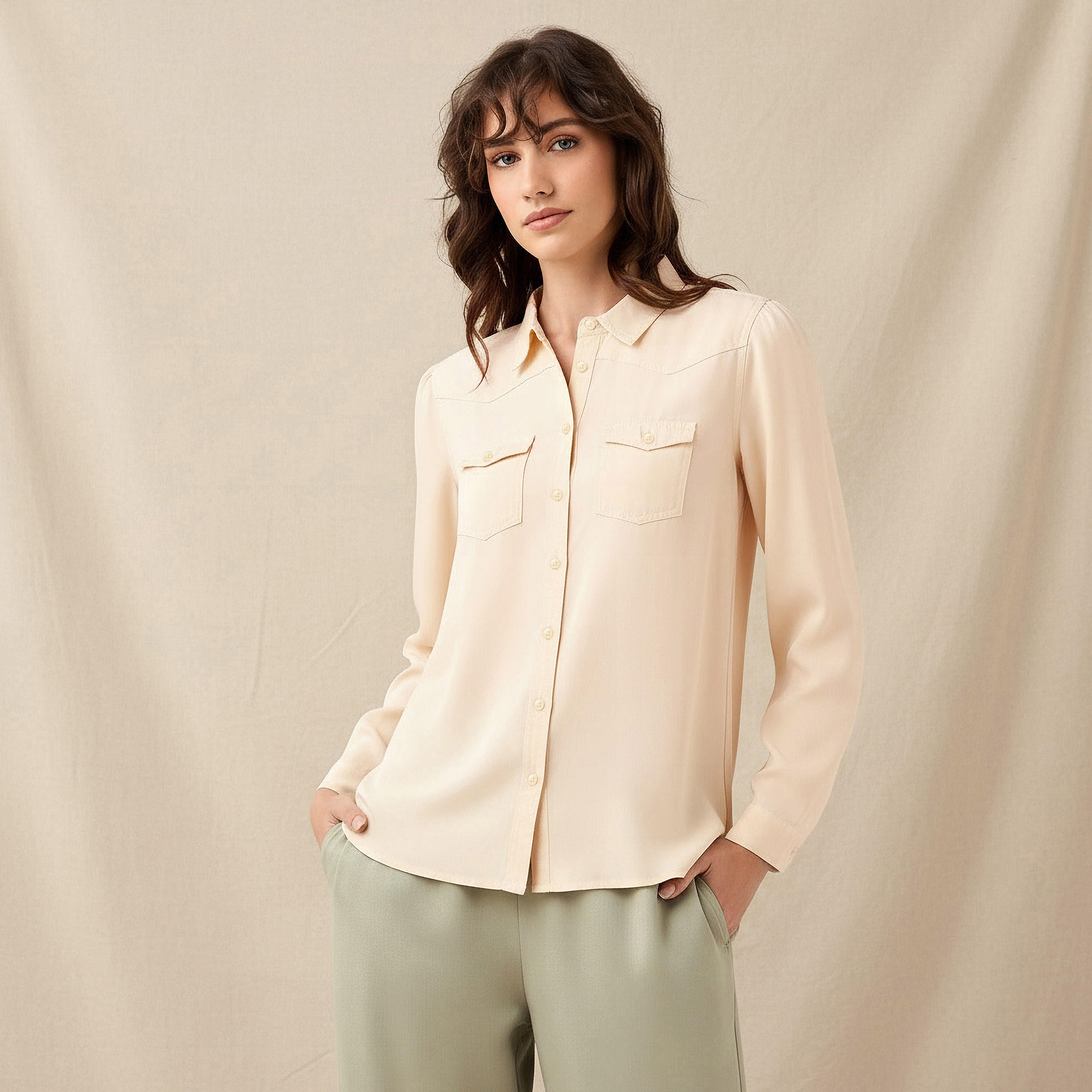 قميص دينم ليوسيل بقصّة عادية مع جيوب-women-clothing-shirtsandblouses-shirts-image-1