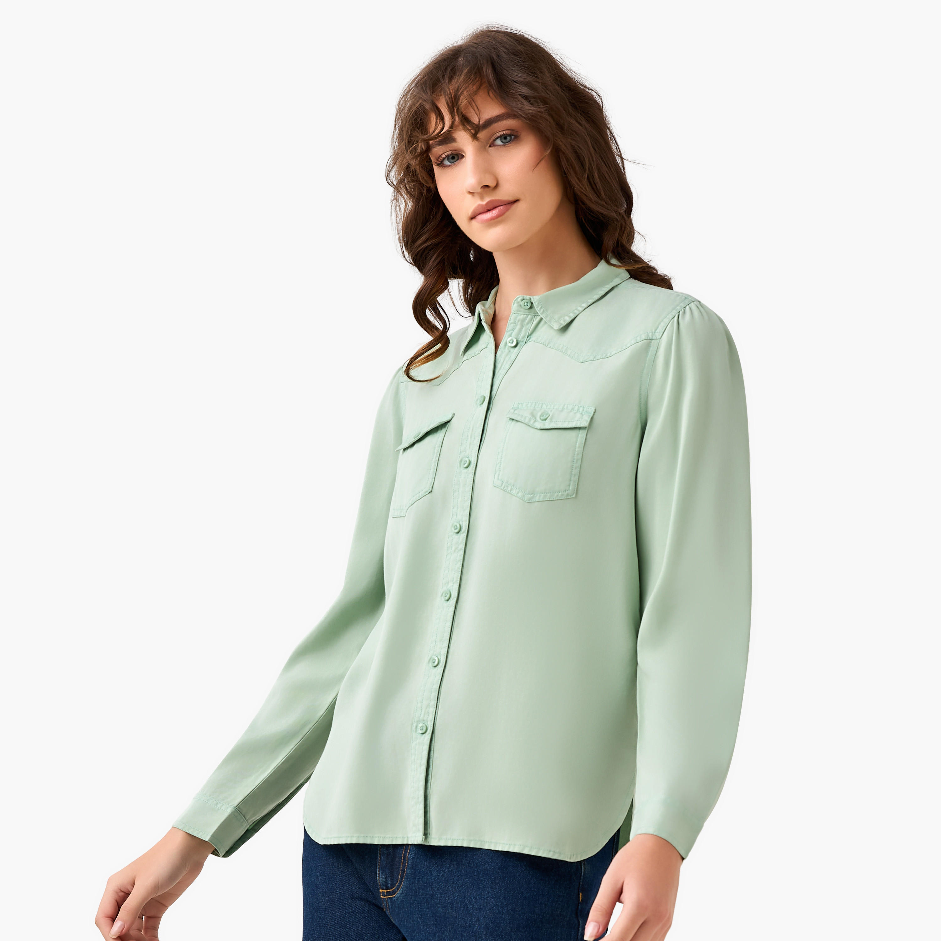Regular Fit Lyocell Denim Shirt with Pockets-women-clothing-shirtsandblouses-shirts-image-2