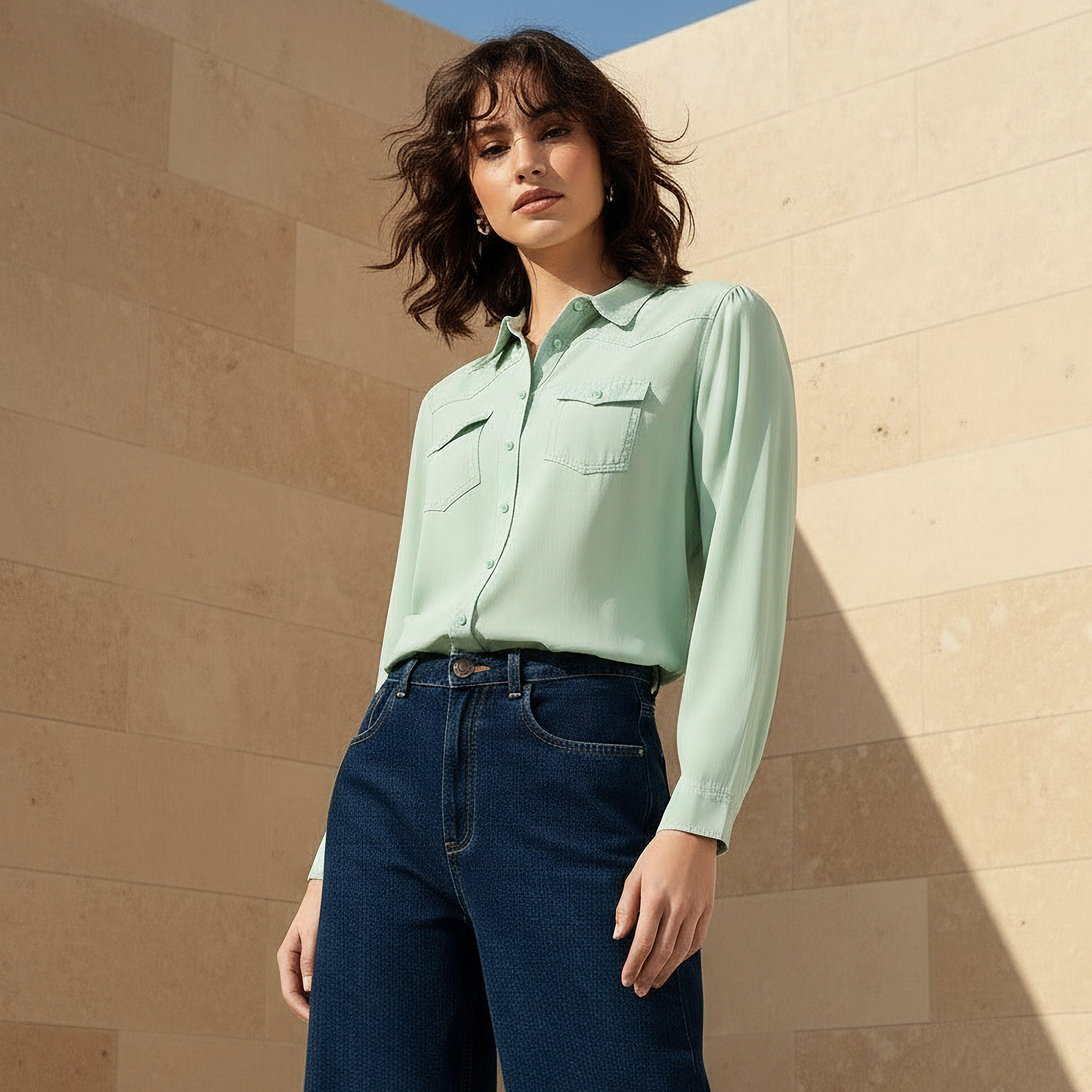Regular Fit Lyocell Denim Shirt with Pockets-women-clothing-shirtsandblouses-shirts-image-1