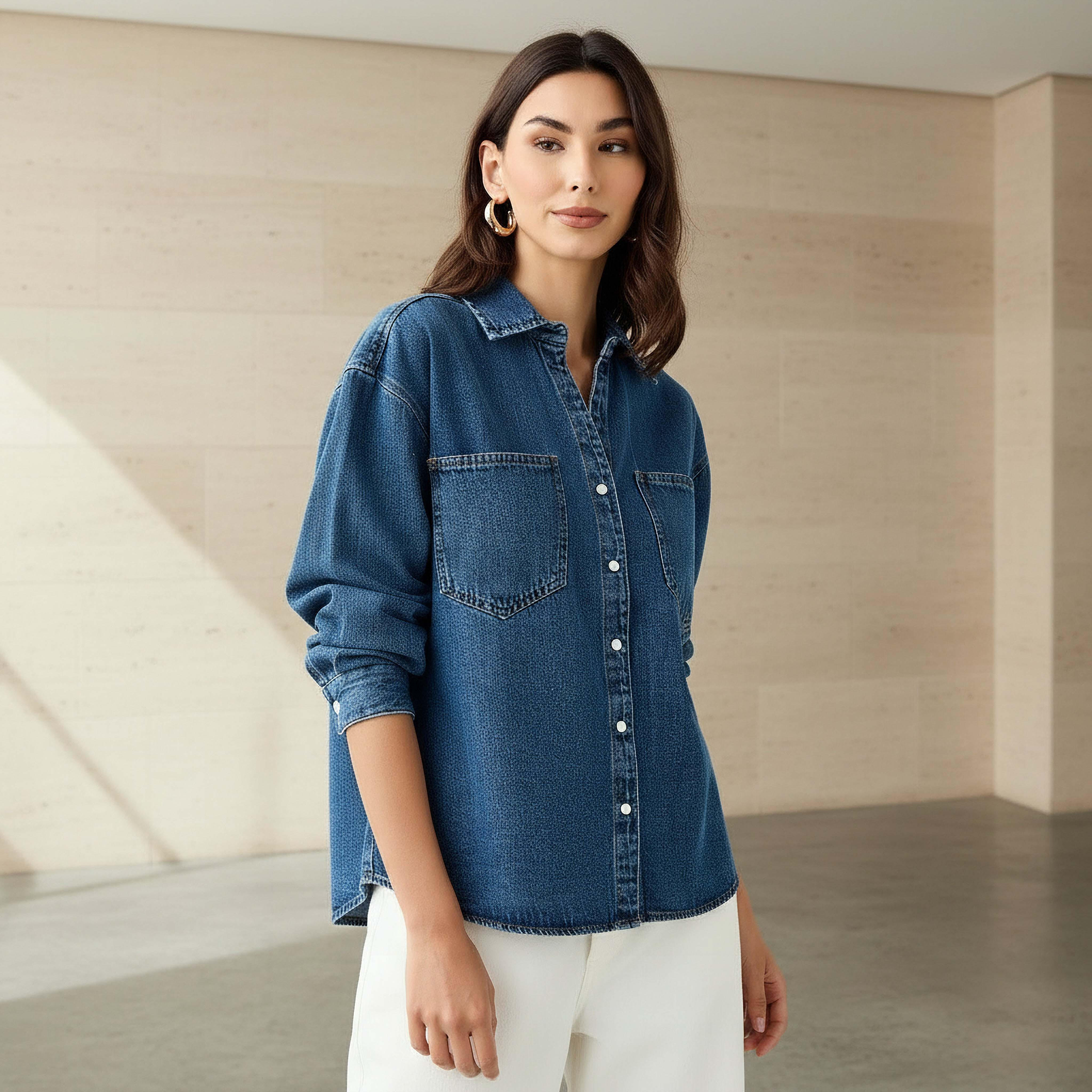 Oversized Fit Cotton Denim Shirt with Pocket-women-clothing-shirtsandblouses-shirts-image-1