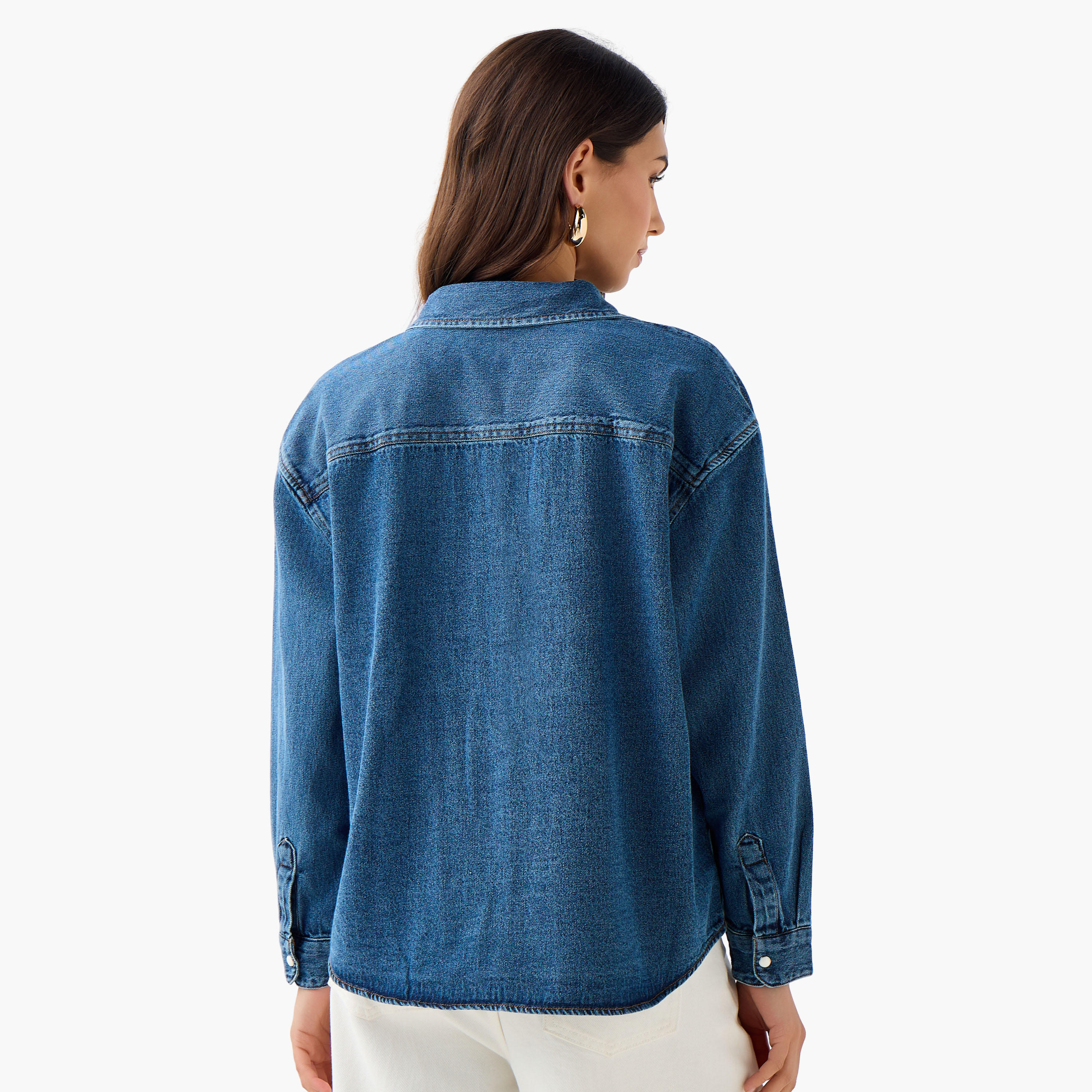 Oversized Fit Cotton Denim Shirt with Pocket-women-clothing-shirtsandblouses-shirts-image-3