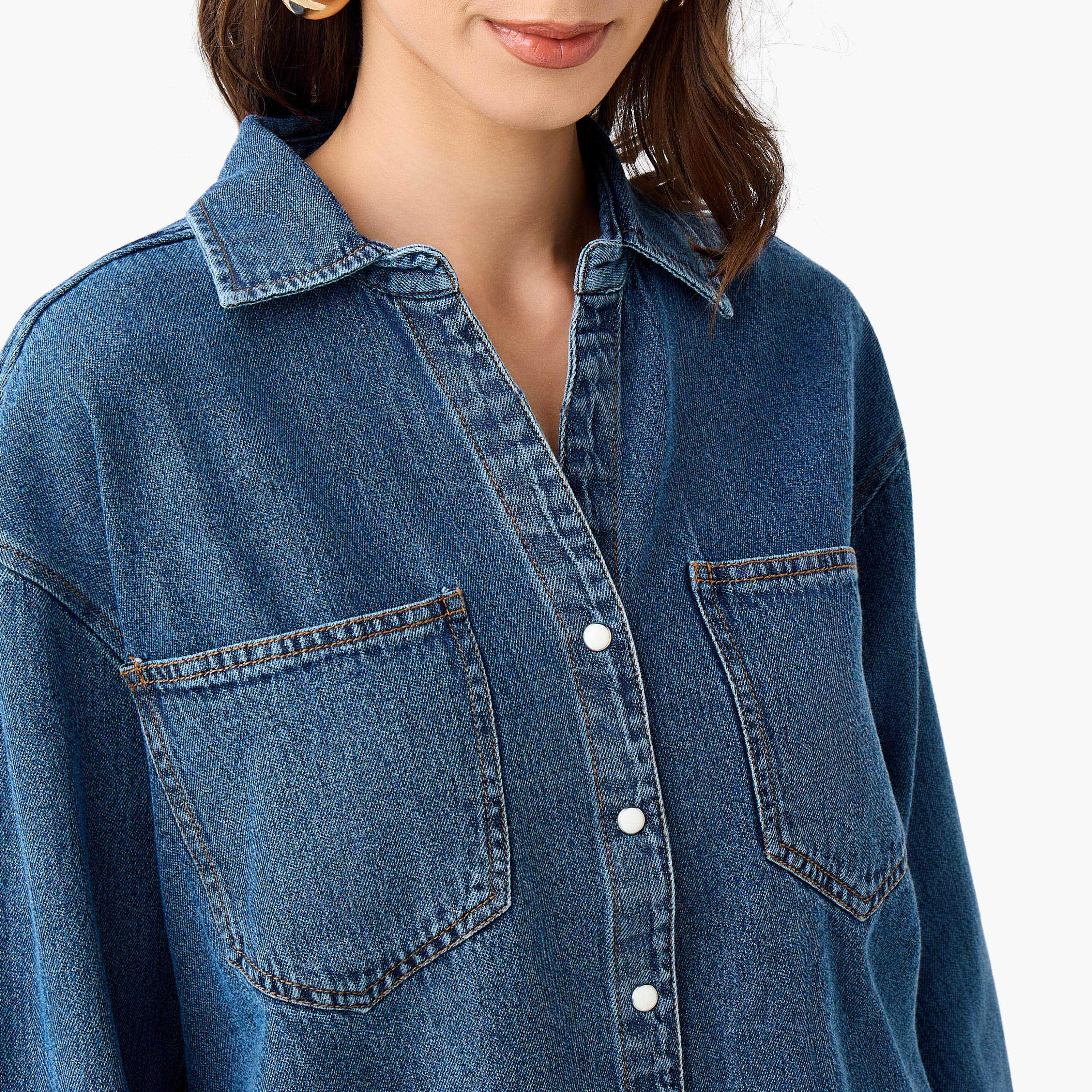 Oversized Fit Cotton Denim Shirt with Pocket-women-clothing-shirtsandblouses-shirts-image-4