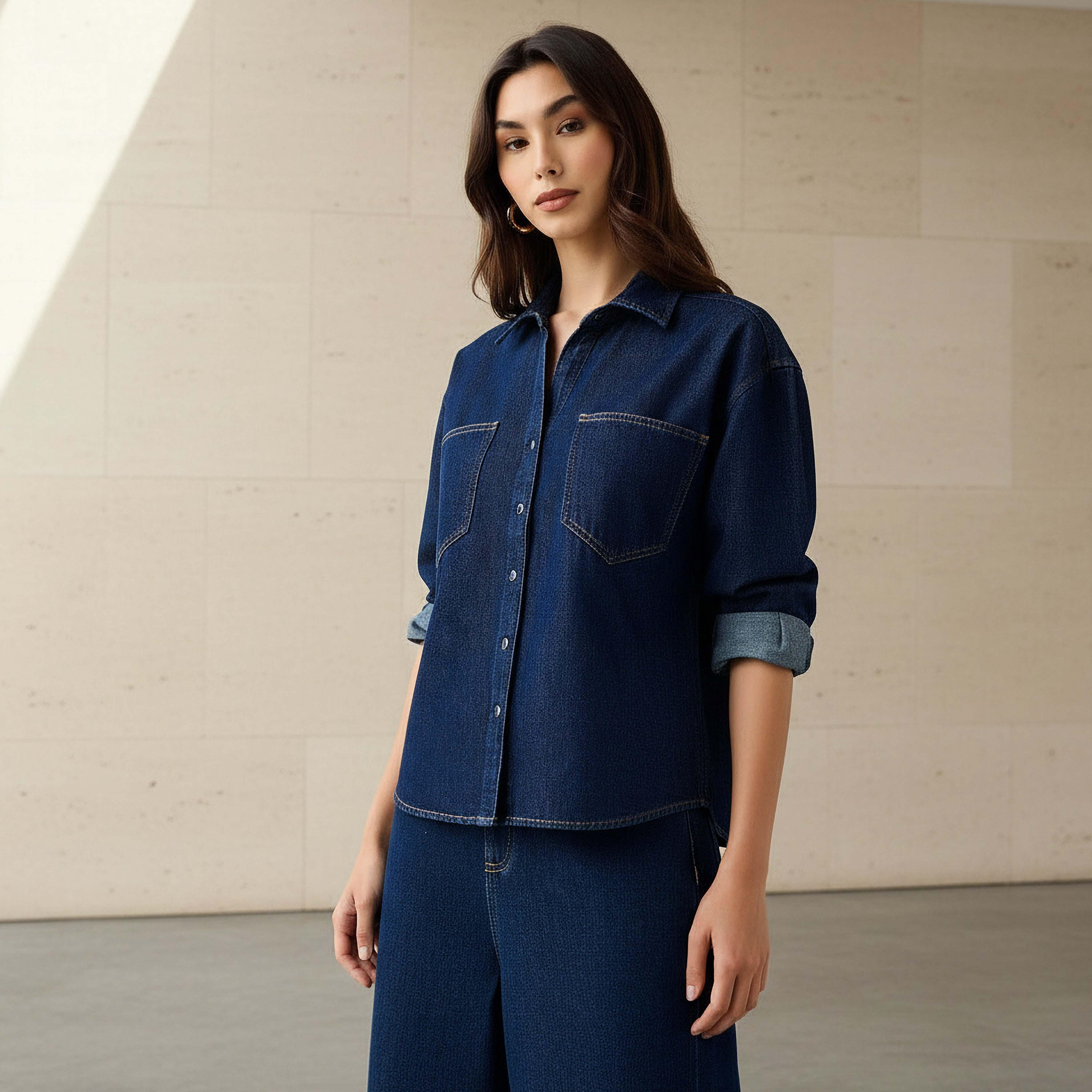 Oversized Fit Cotton Denim Shirt with Pocket-women-clothing-shirtsandblouses-shirts-image-1