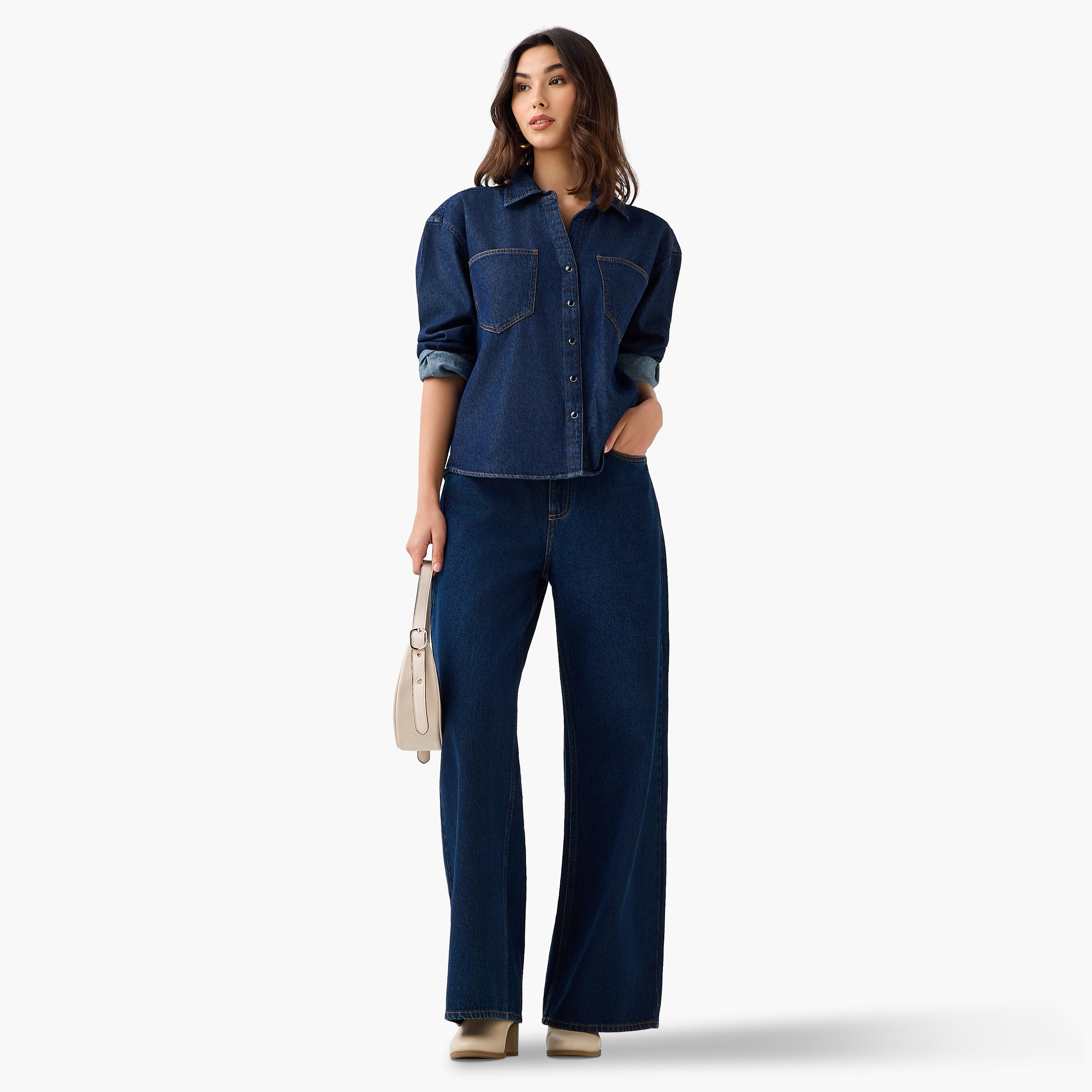 Oversized Fit Cotton Denim Shirt with Pocket-women-clothing-shirtsandblouses-shirts-image-2
