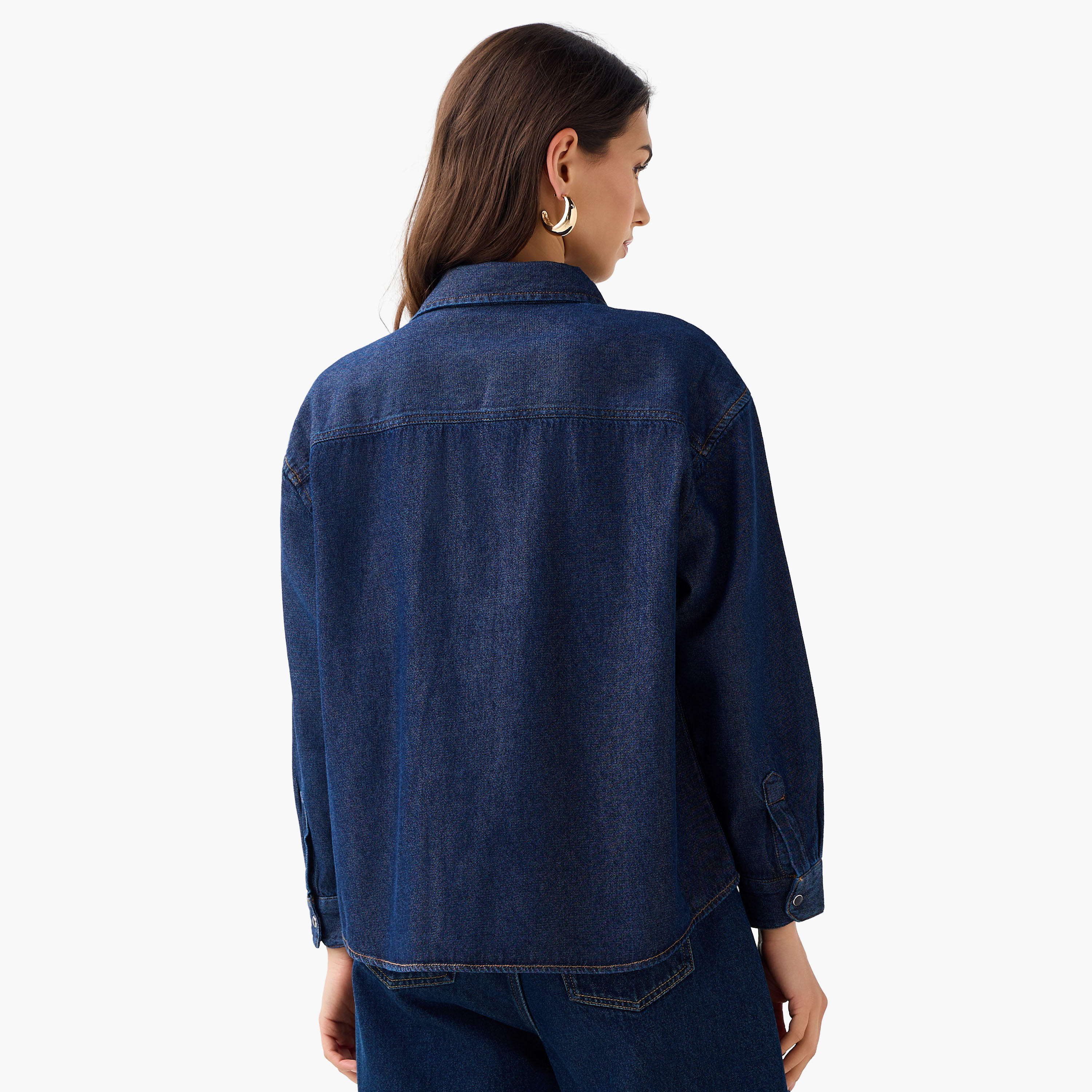 Oversized Fit Cotton Denim Shirt with Pocket-women-clothing-shirtsandblouses-shirts-image-3