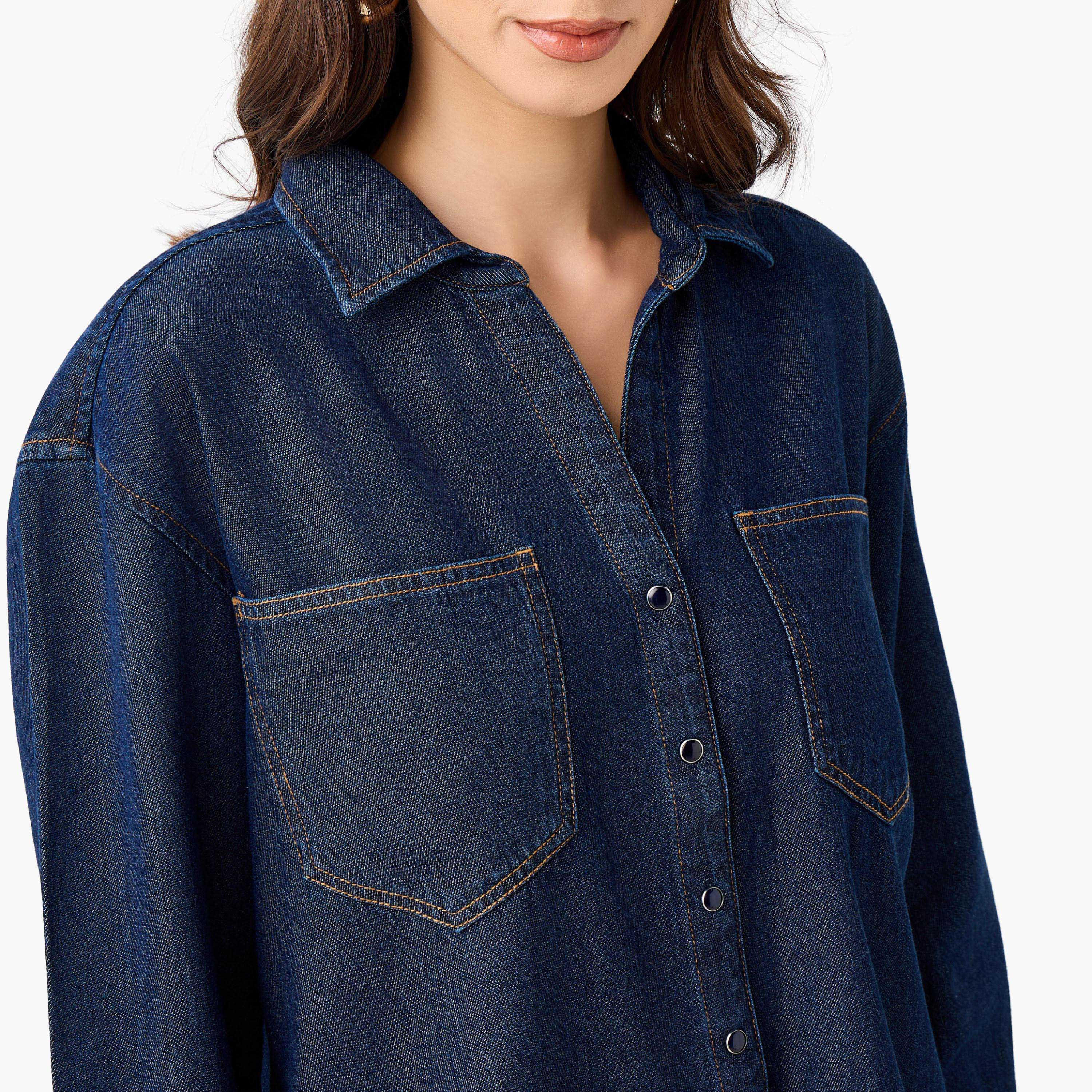 Oversized Fit Cotton Denim Shirt with Pocket-women-clothing-shirtsandblouses-shirts-image-4