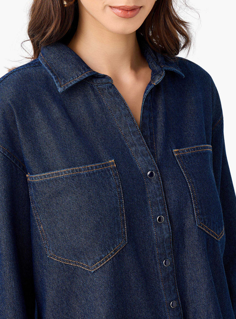 Oversized Fit Cotton Denim Shirt with Pocket-women-clothing-shirtsandblouses-shirts-image-4