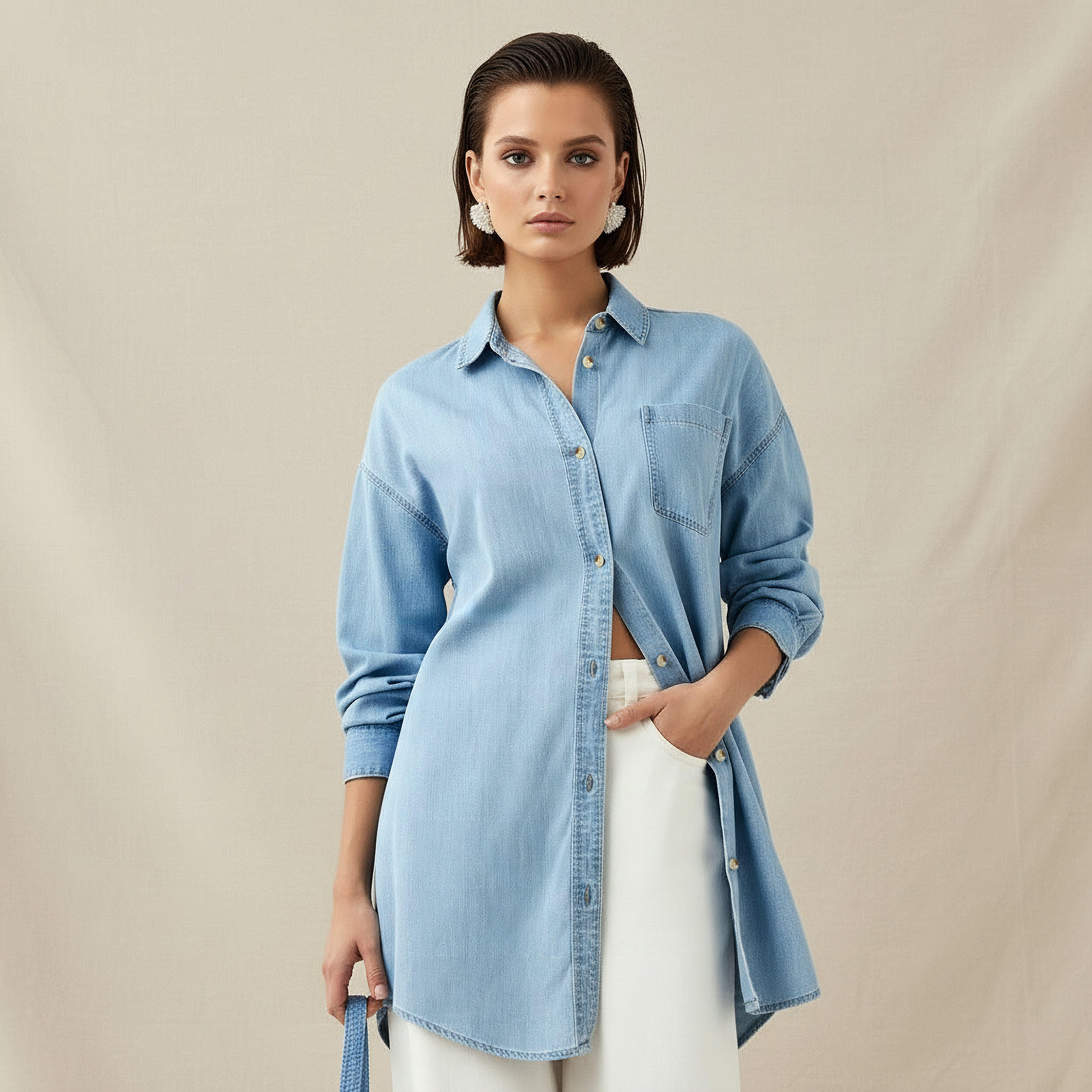 Longline Shirt with Chest Pocket-women-clothing-shirtsandblouses-shirts-image-1