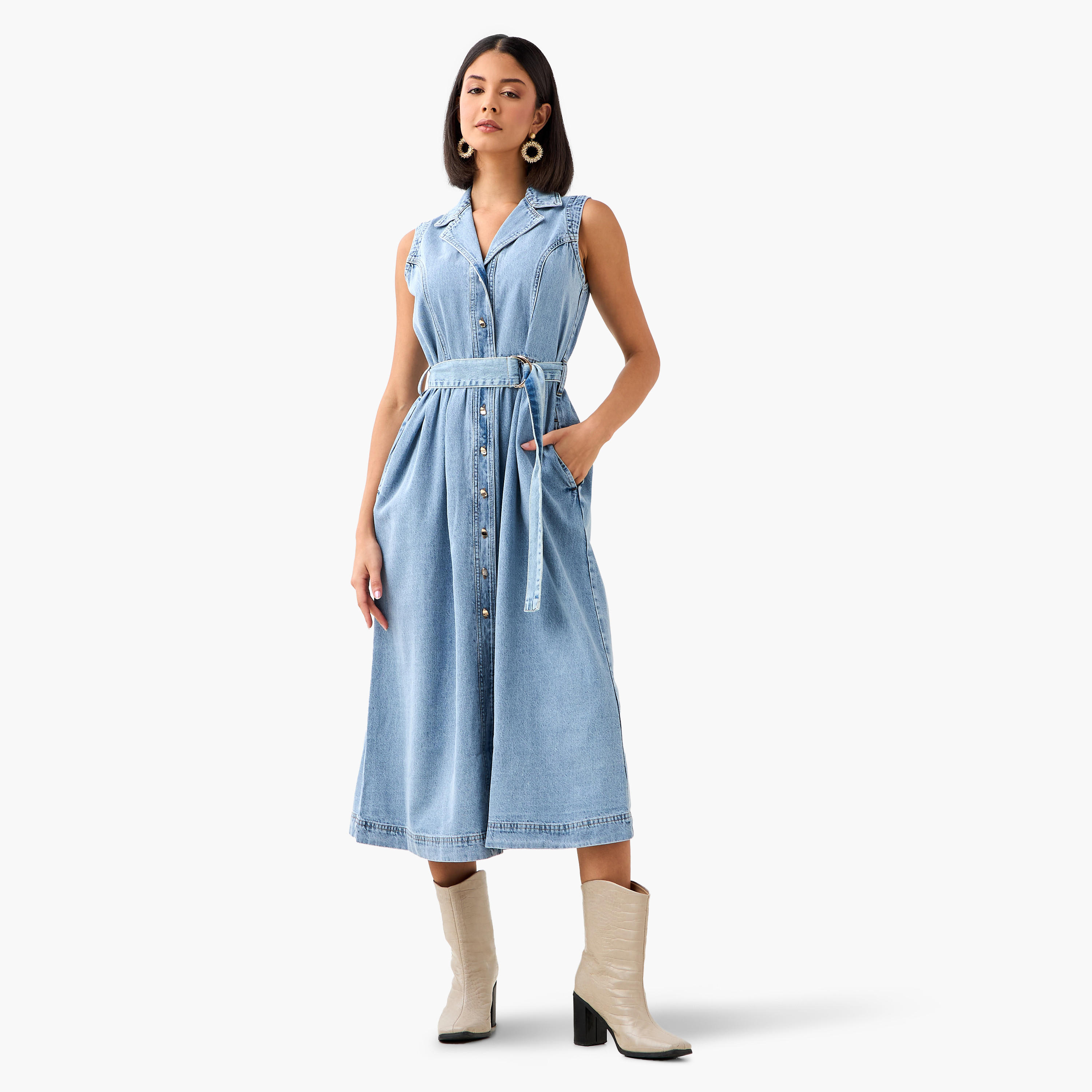 Denim Party Resort Shirt Dress With Belt-women-clothing-dresses-image-2