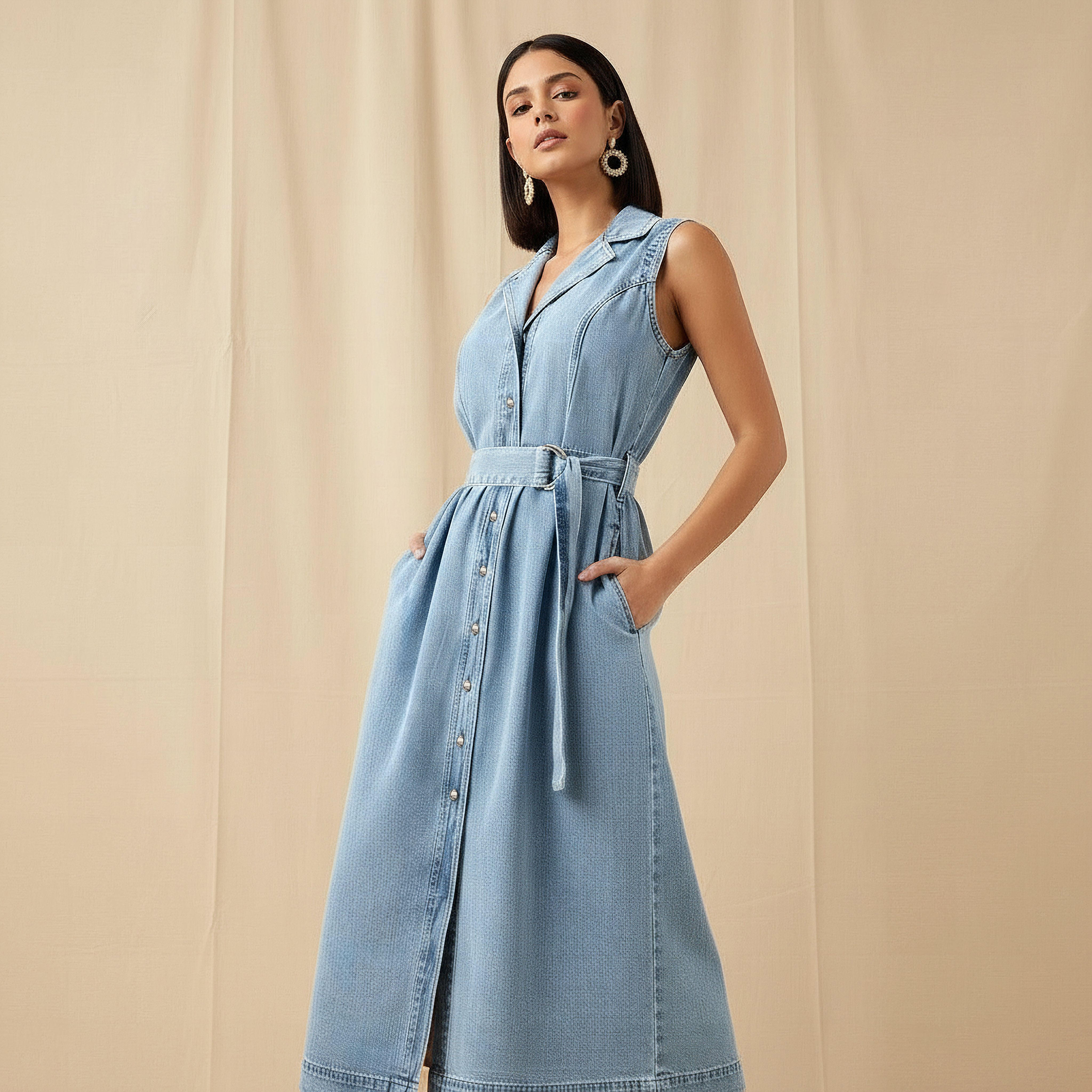 Denim Party Resort Shirt Dress With Belt-women-clothing-dresses-image-1