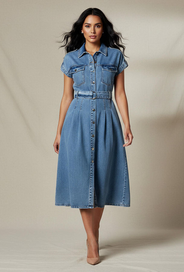 فستان قميص ميدي قطن دنيم بحزام-women-clothing-image-1