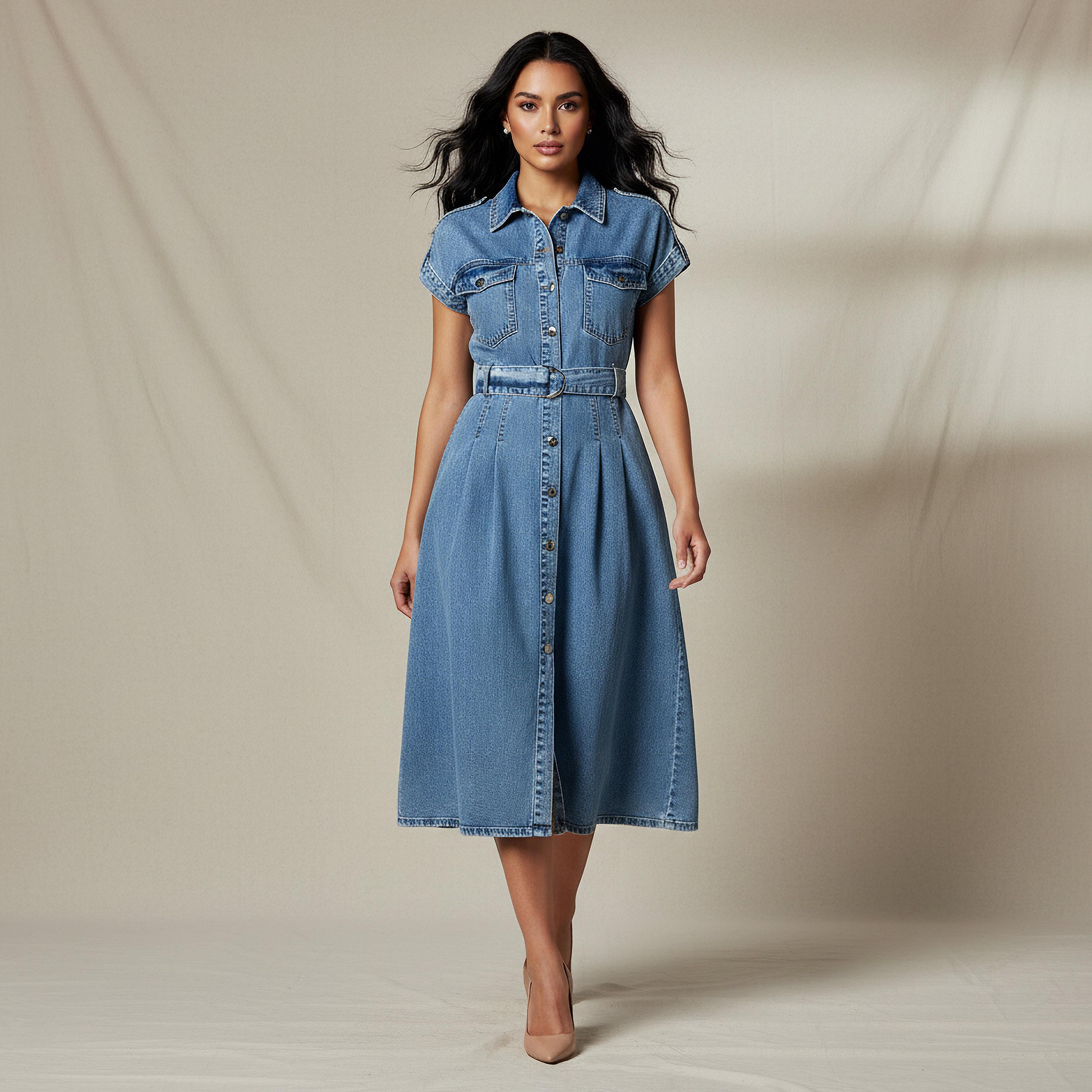 فستان قميص ميدي قطن دنيم بحزام-women-clothing-dresses-image-1