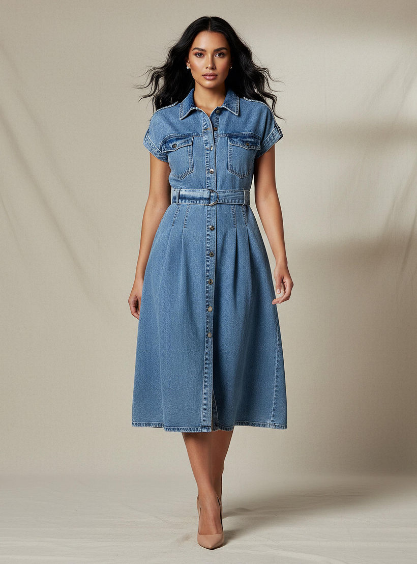فستان قميص ميدي قطن دنيم بحزام-women-clothing-dresses-image-1