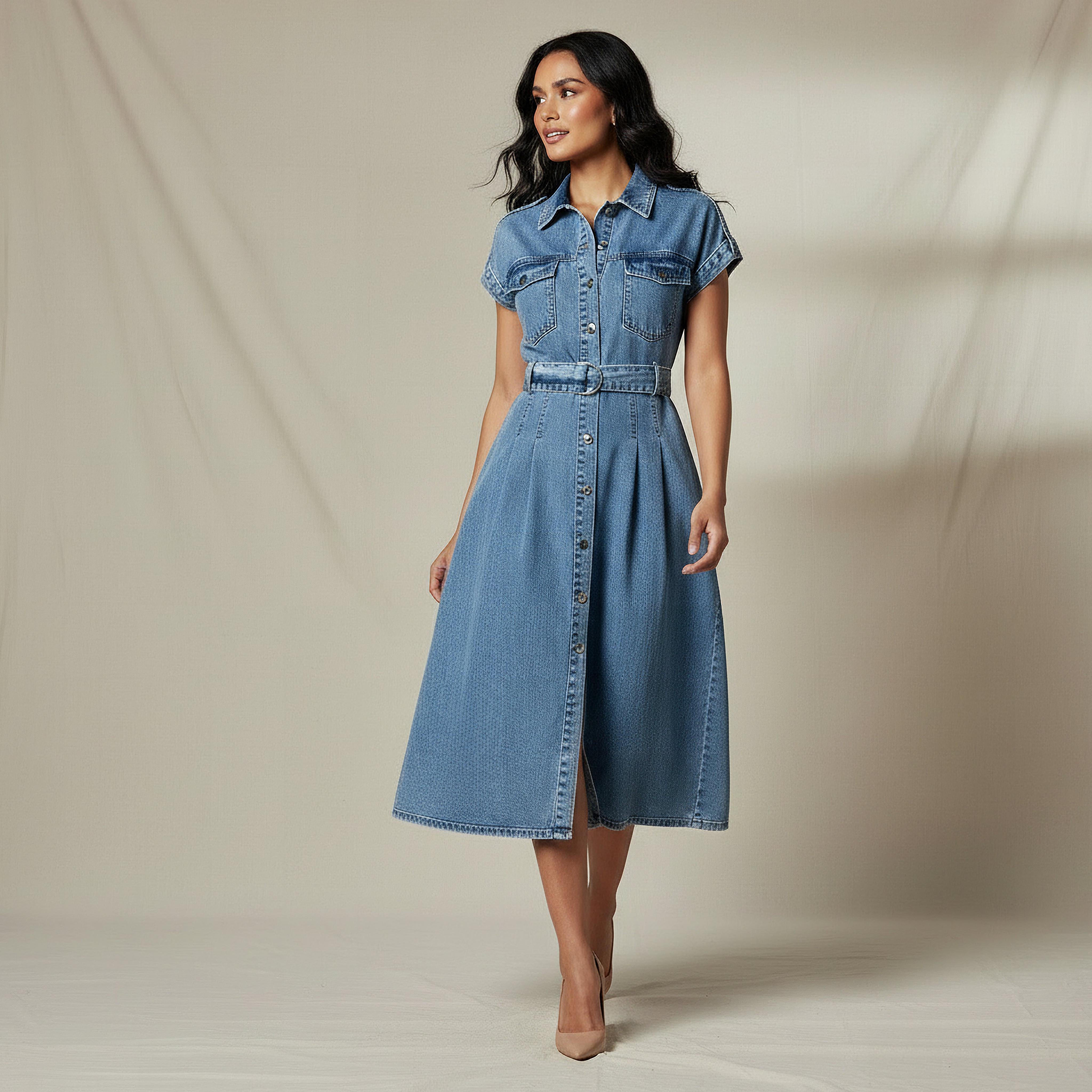 فستان قميص ميدي قطن دنيم بحزام-women-clothing-dresses-image-2