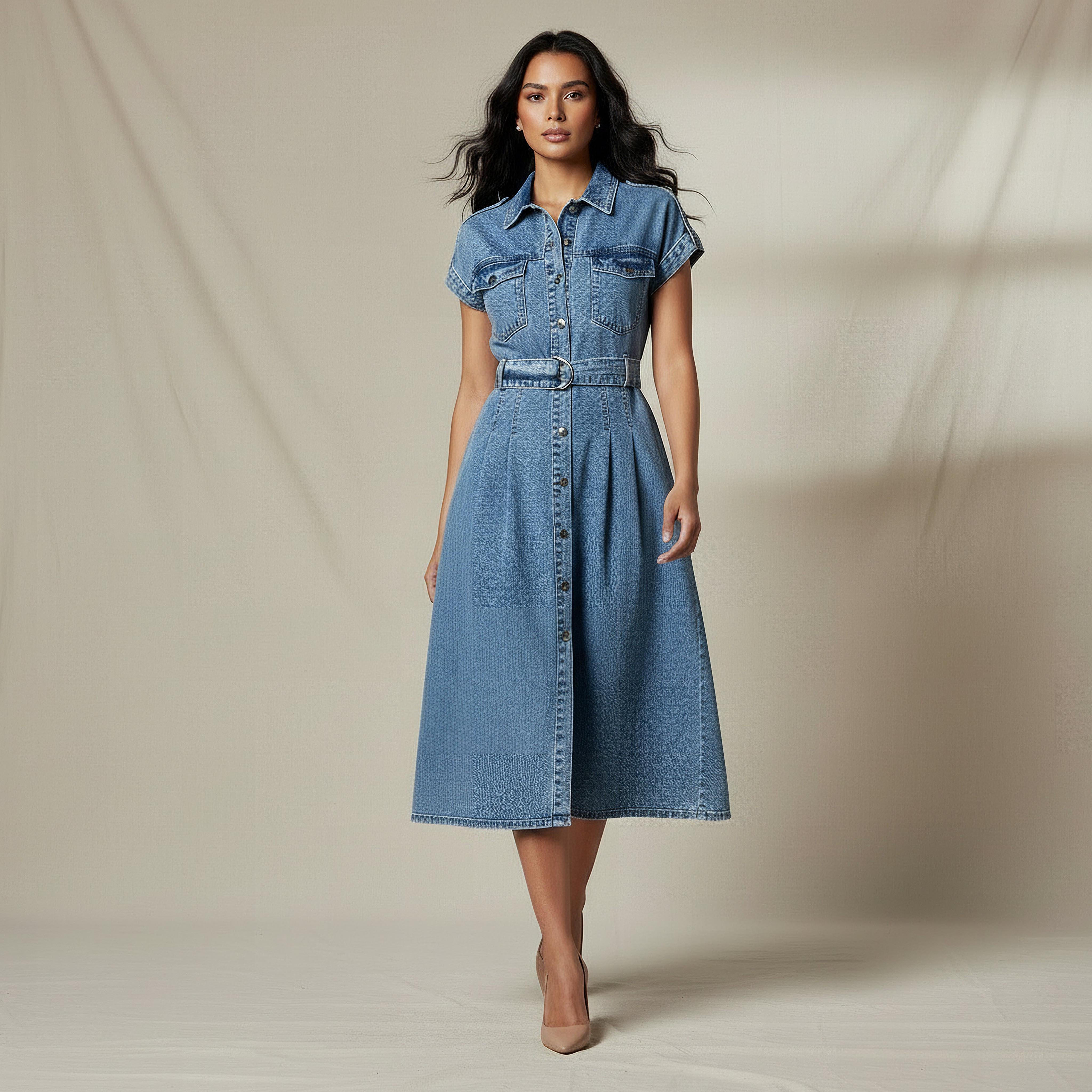 فستان قميص ميدي قطن دنيم بحزام-women-clothing-dresses-image-5