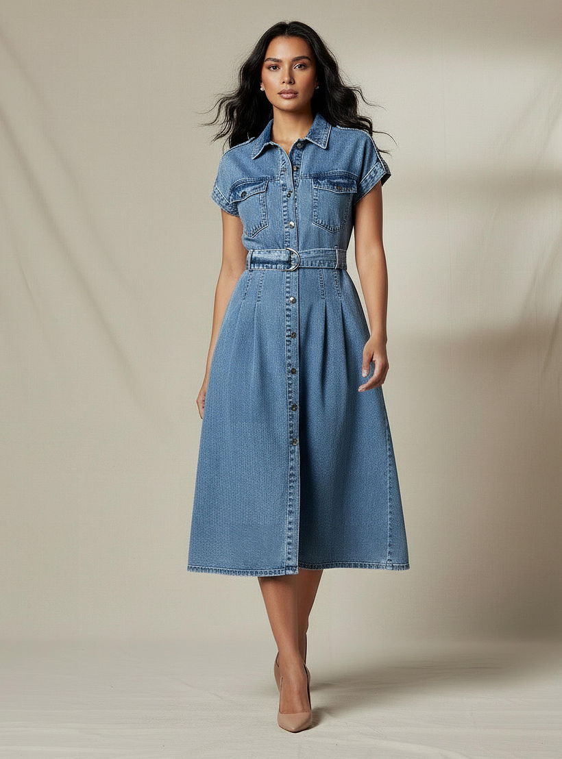 فستان قميص ميدي قطن دنيم بحزام-women-clothing-dresses-image-5