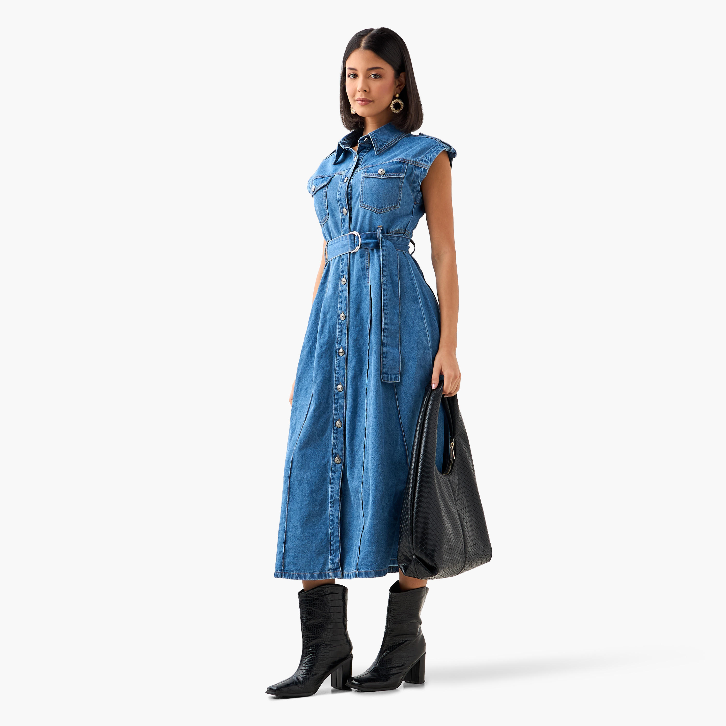 Shirt Midi Cotton Denim Dress with Belt-women-clothing-dresses-image-4