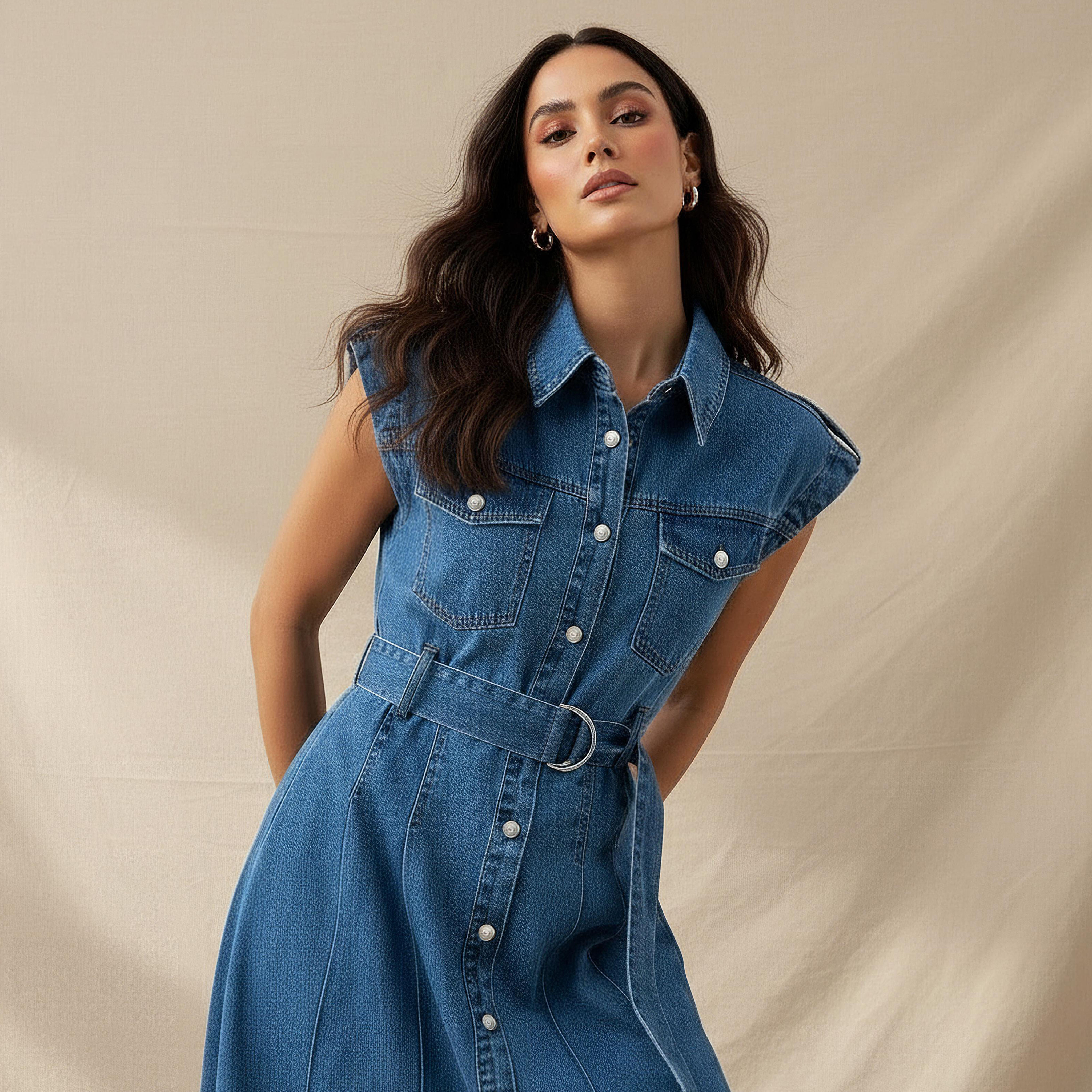 Shirt Midi Cotton Denim Dress with Belt-women-clothing-dresses-image-1