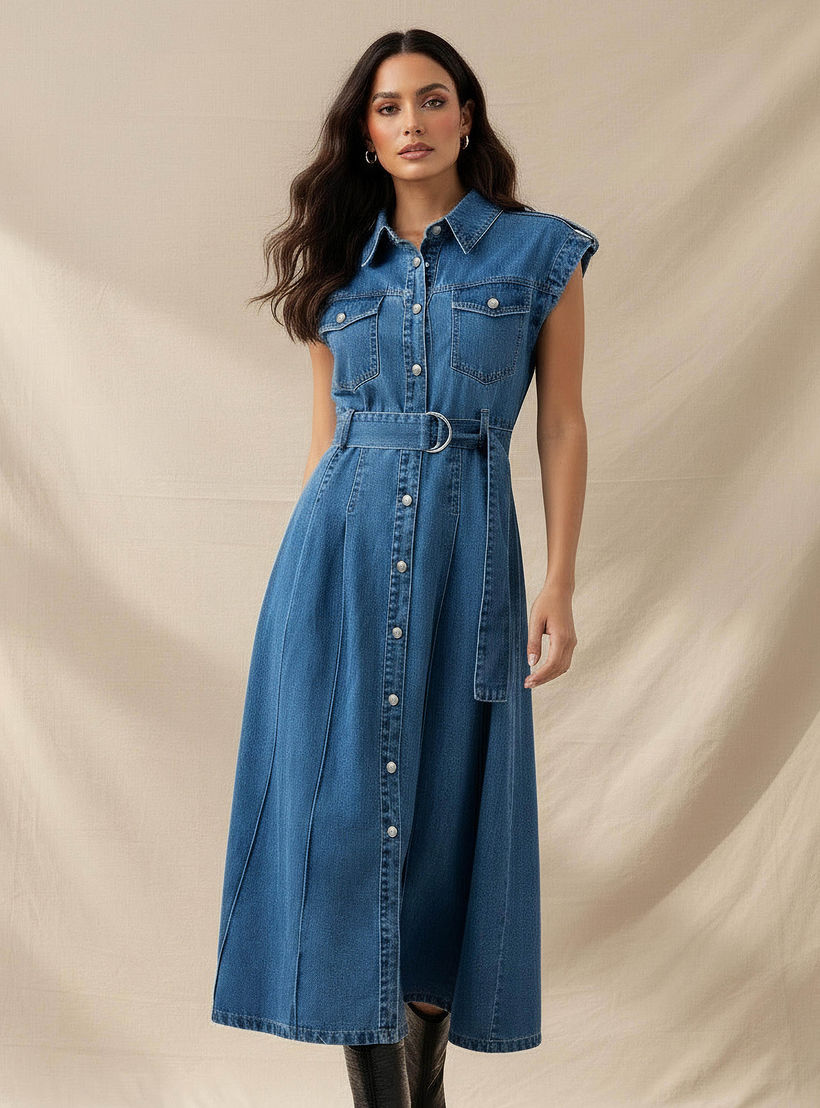 Shirt Midi Cotton Denim Dress with Belt-women-clothing-dresses-image-2
