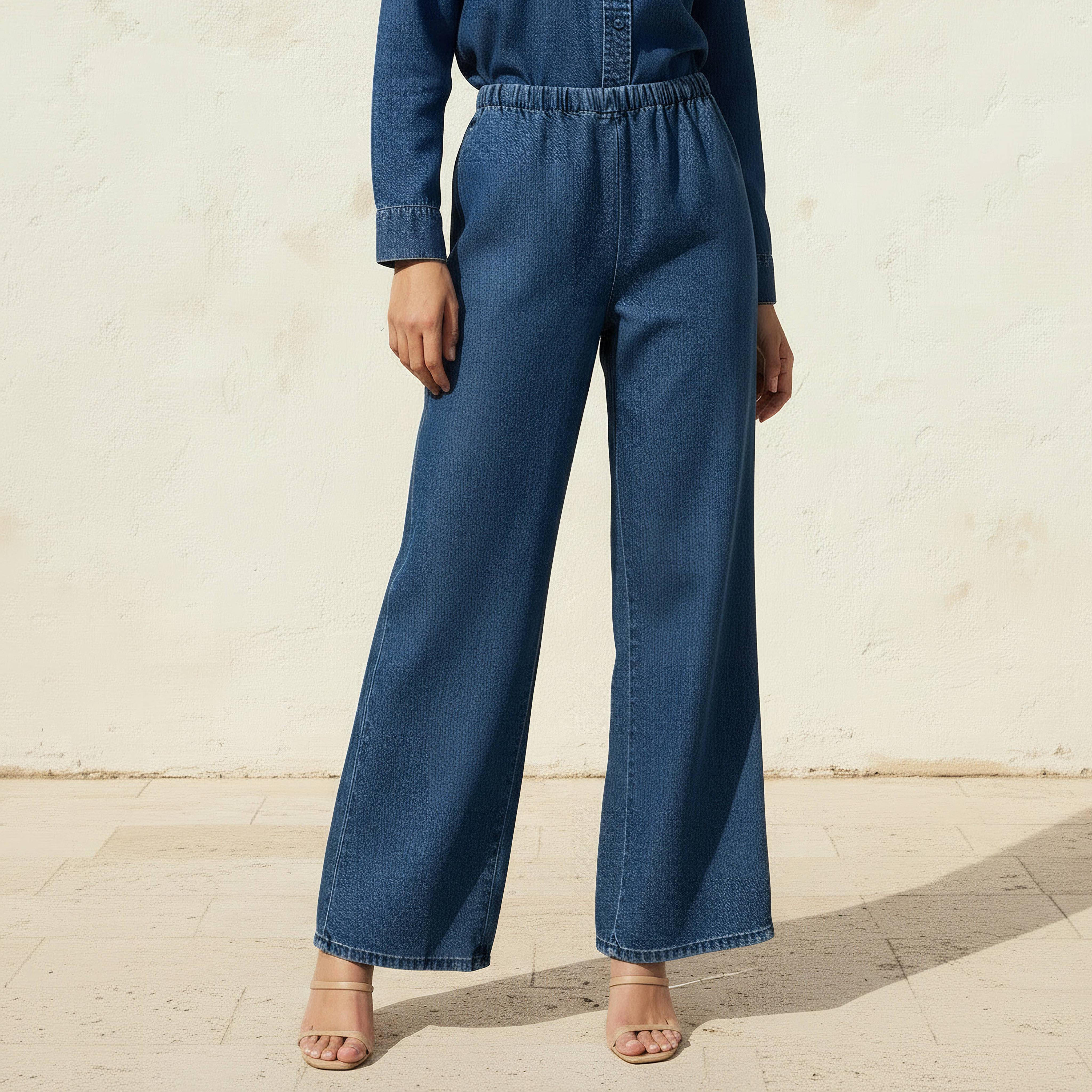 بنطلون جينز واسع الساقين بخصر مطاطي متوسط الارتفاع-women-clothing-bottoms-jeans-image-1