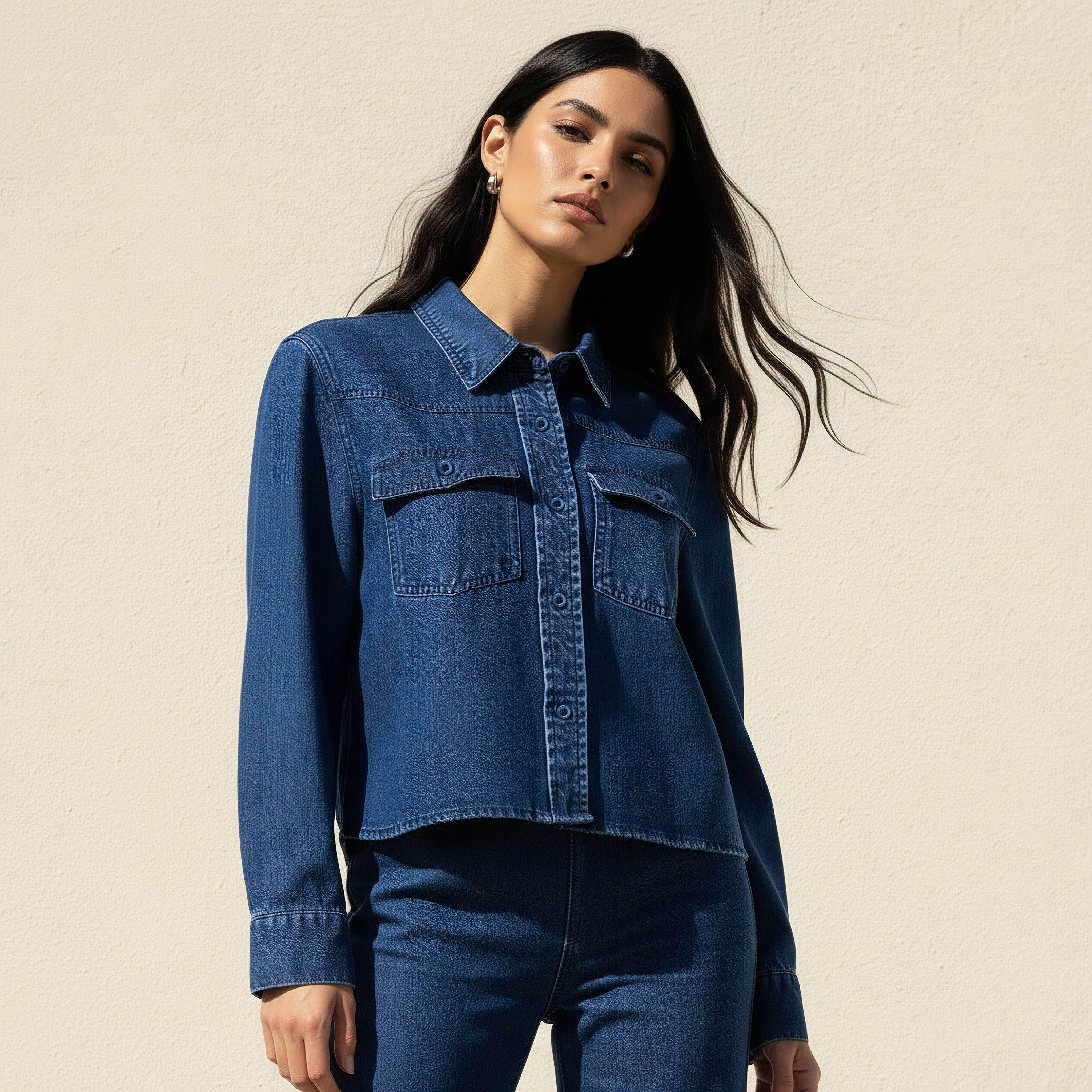 Lyocell Crop Denim Shirt with Pockets-women-clothing-shirtsandblouses-shirts-image-1
