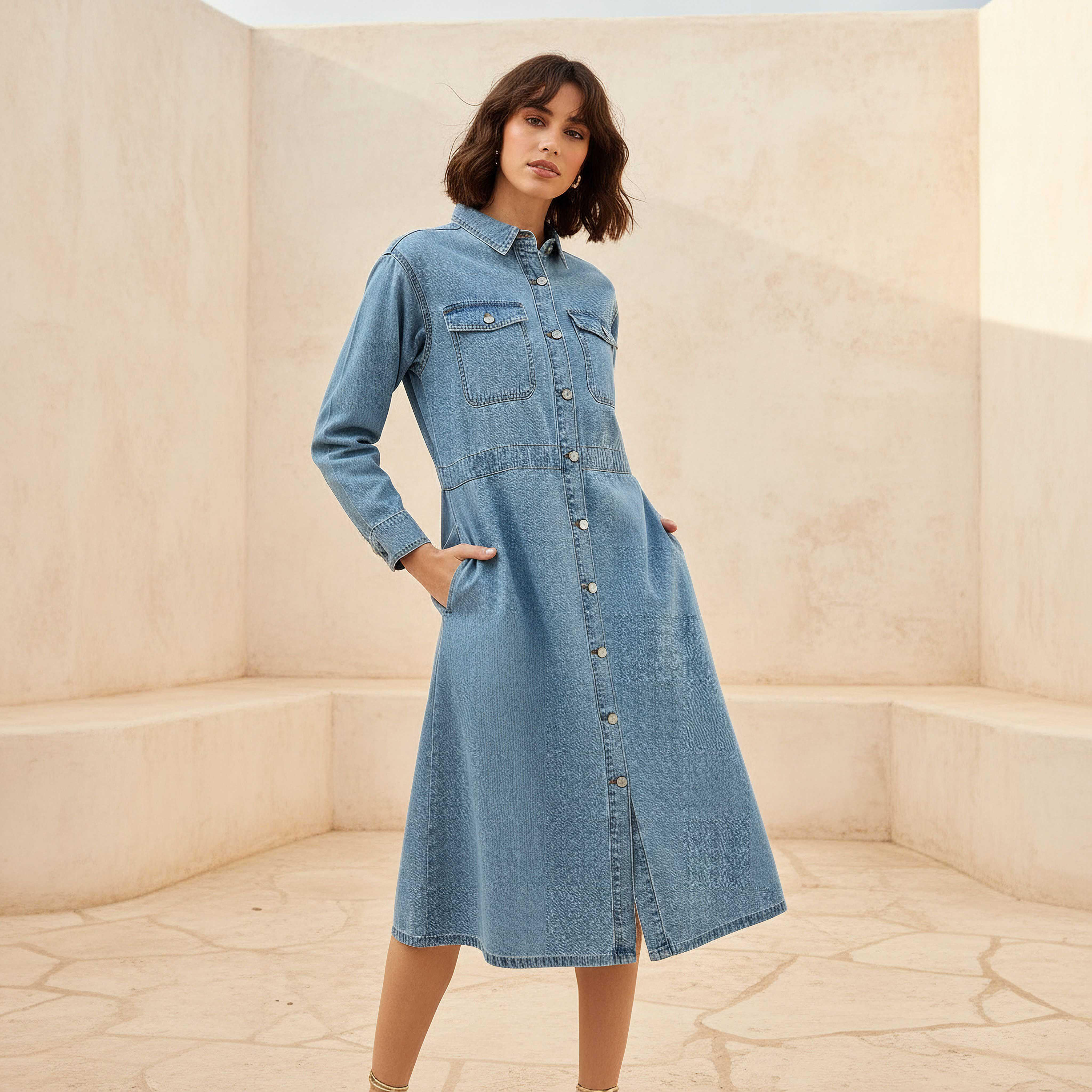 Midi Denim Shirt Dress-women-clothing-dresses-image-1