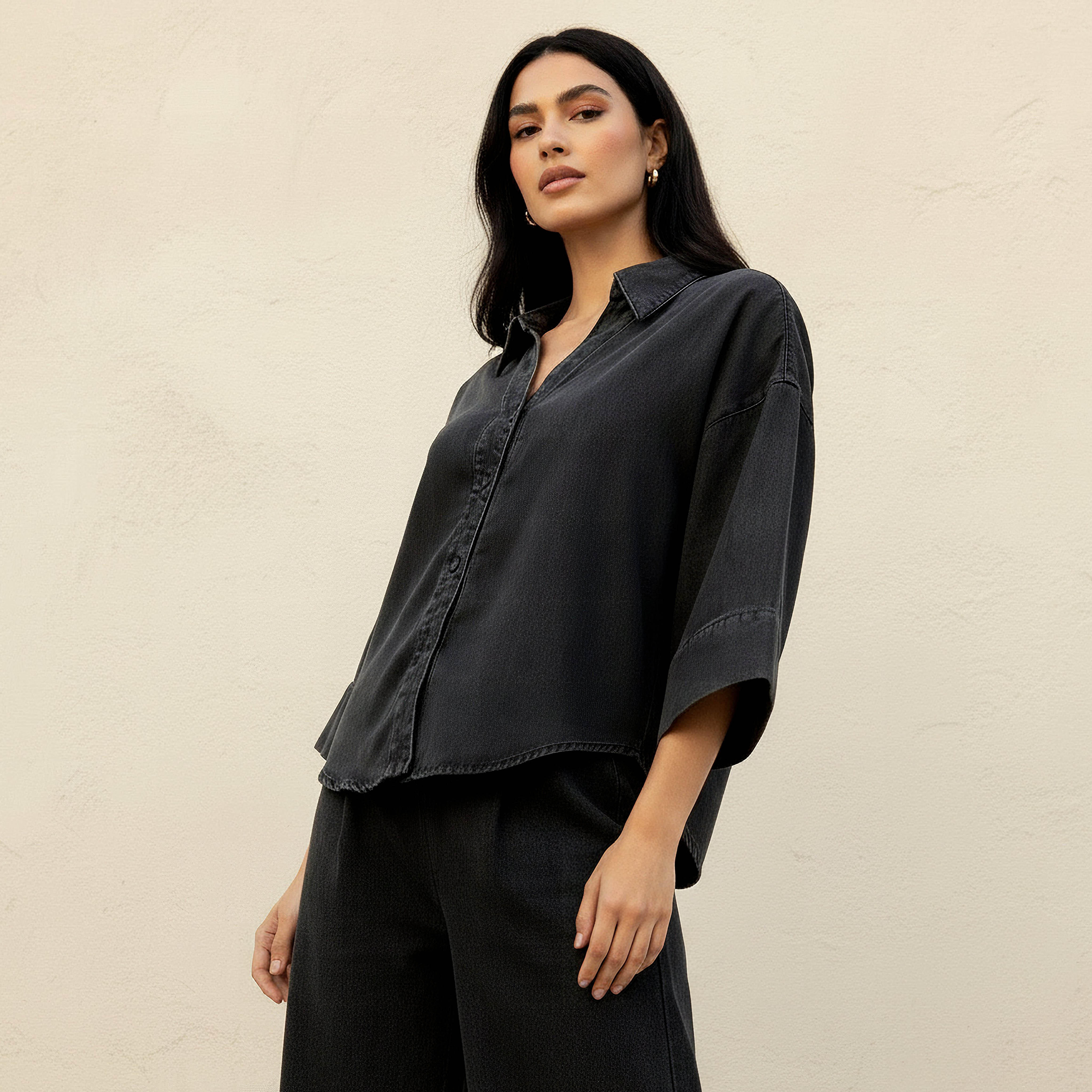 Cotton Denim Shirt with 3/4 Sleeves-women-clothing-shirtsandblouses-shirts-image-1