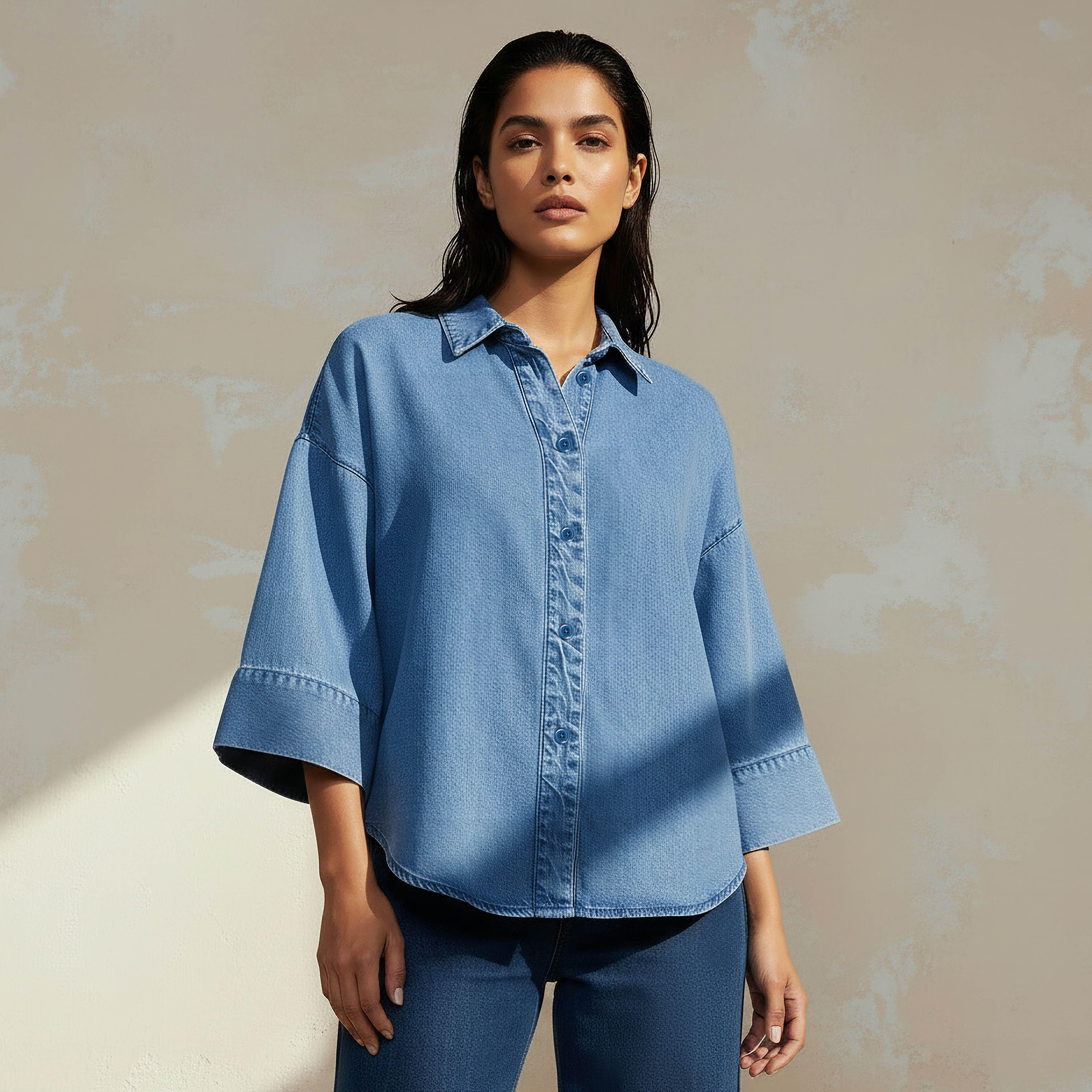 قميص دينم قطن بأكمام 3/4-women-clothing-shirtsandblouses-shirts-image-1