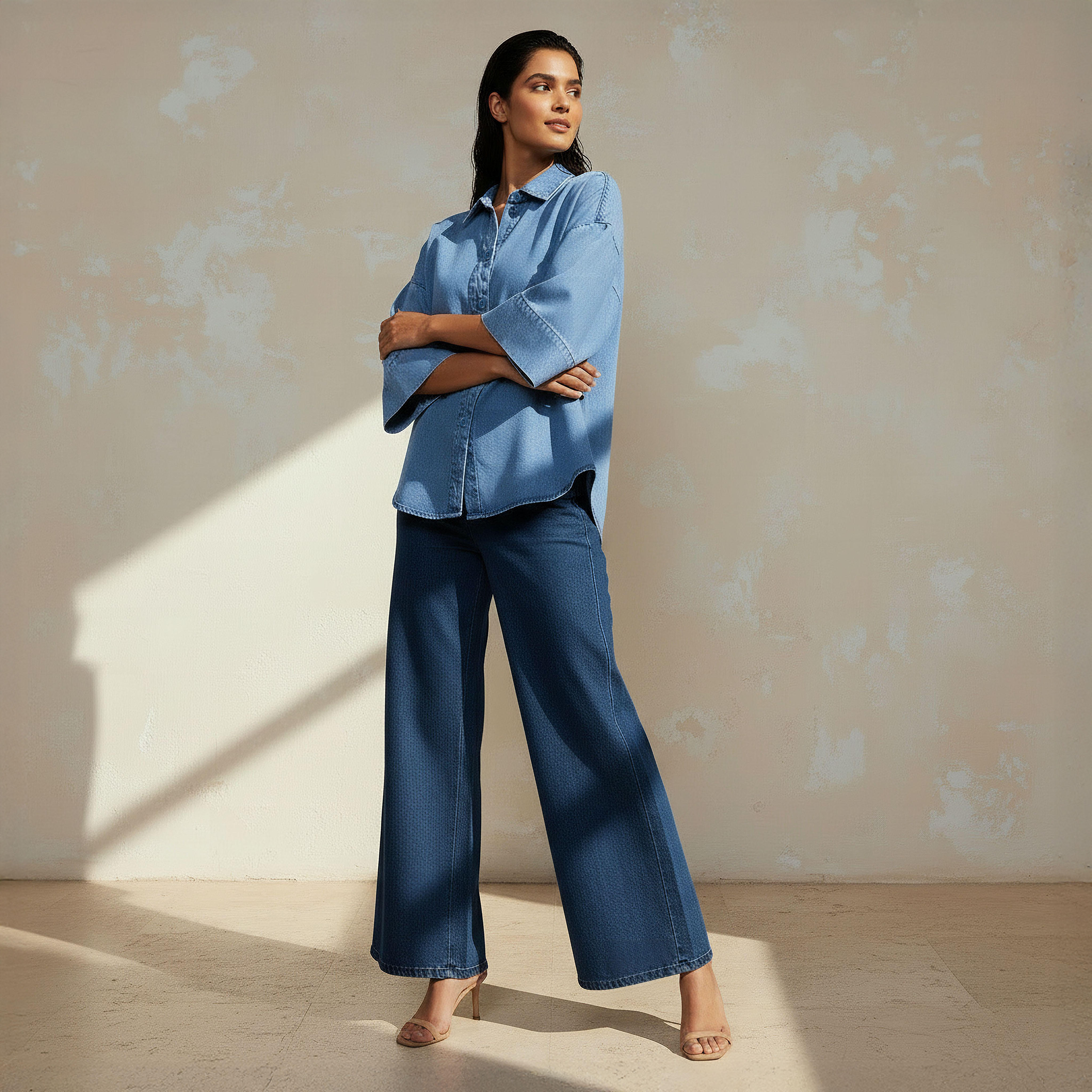 قميص دينم قطن بأكمام 3/4-women-clothing-shirtsandblouses-shirts-image-3