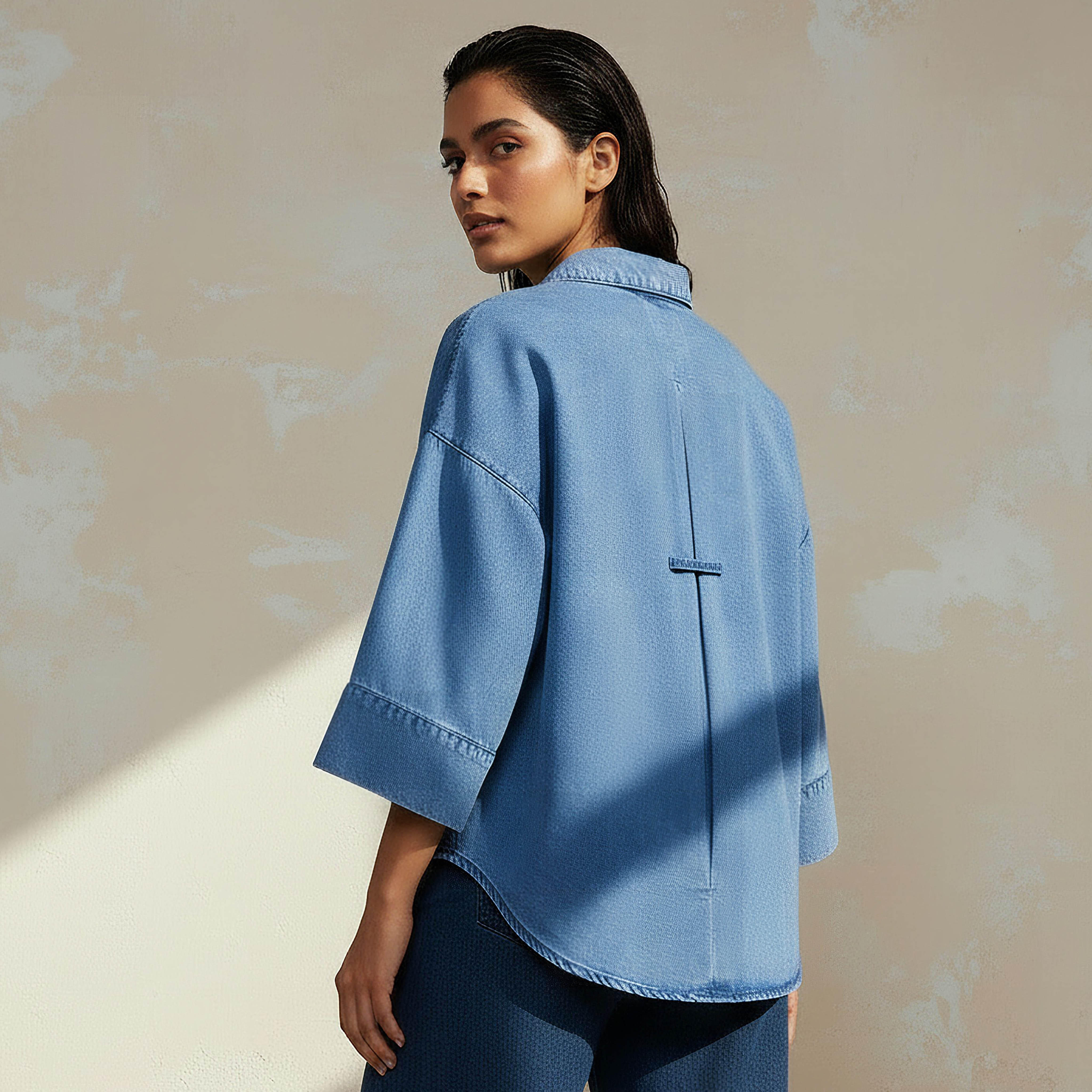 قميص دينم قطن بأكمام 3/4-women-clothing-shirtsandblouses-shirts-image-4