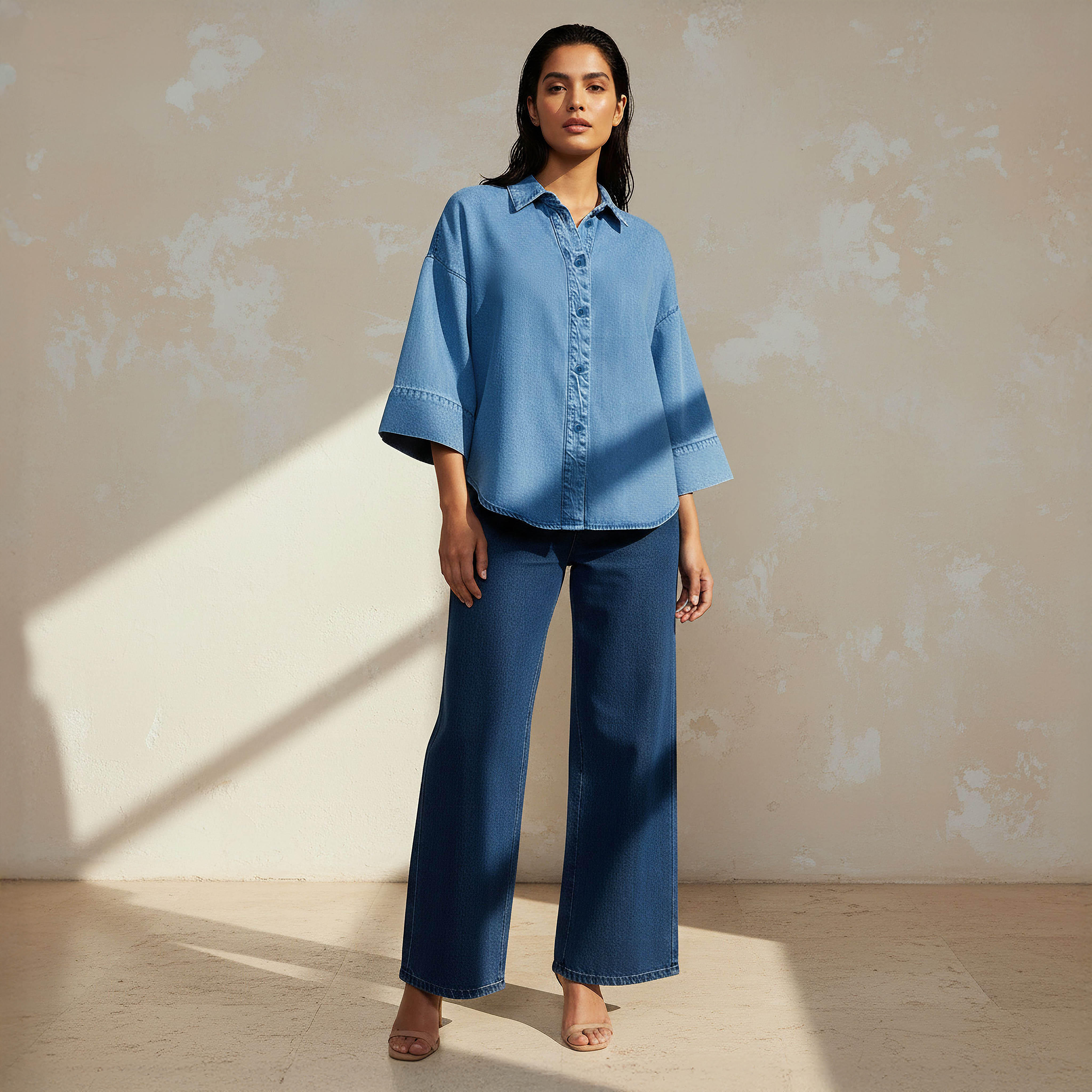 قميص دينم قطن بأكمام 3/4-women-clothing-shirtsandblouses-shirts-image-5