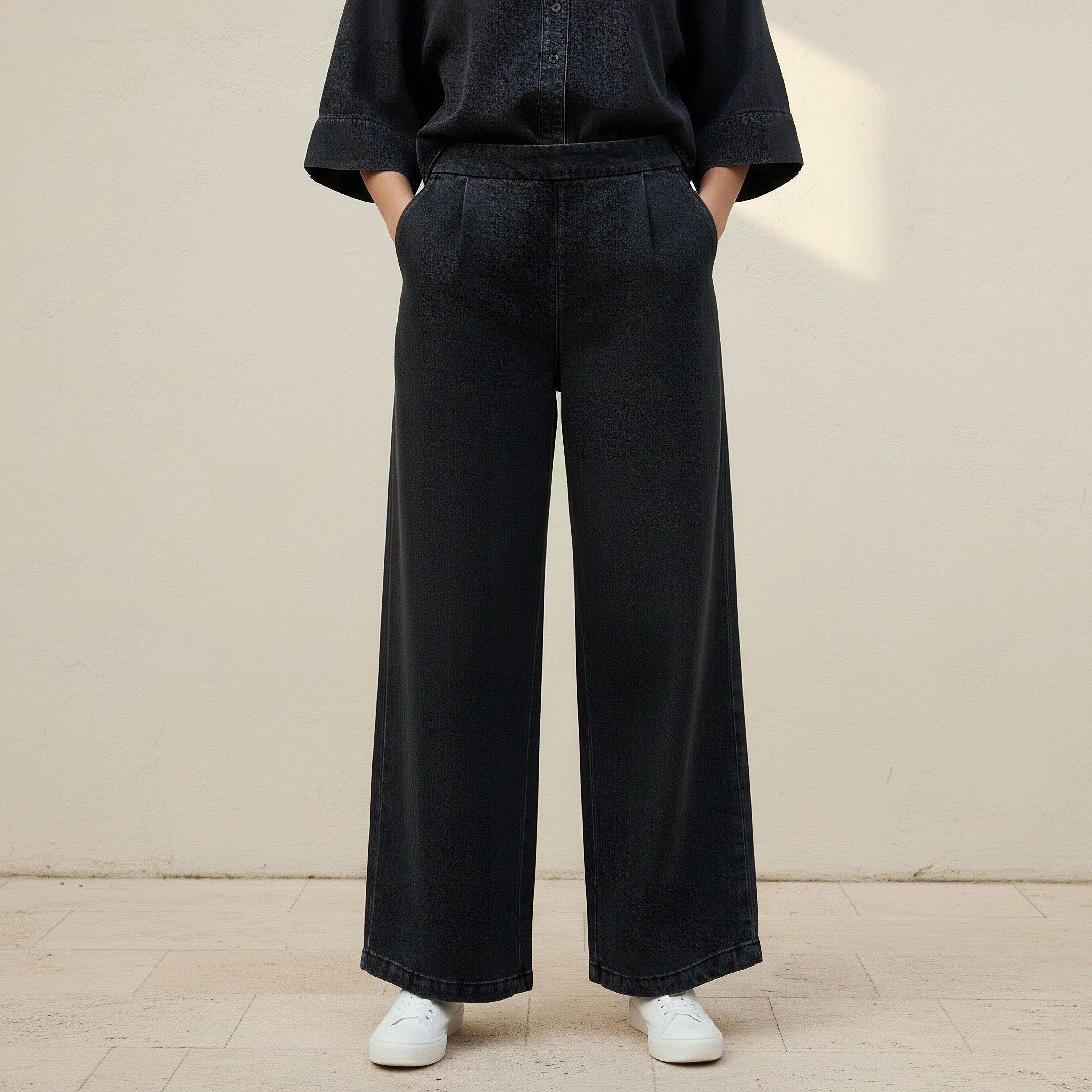 Wide Leg High-Rise Trousers with Elasticated Waistband-women-clothing-bottoms-trousers-image-1
