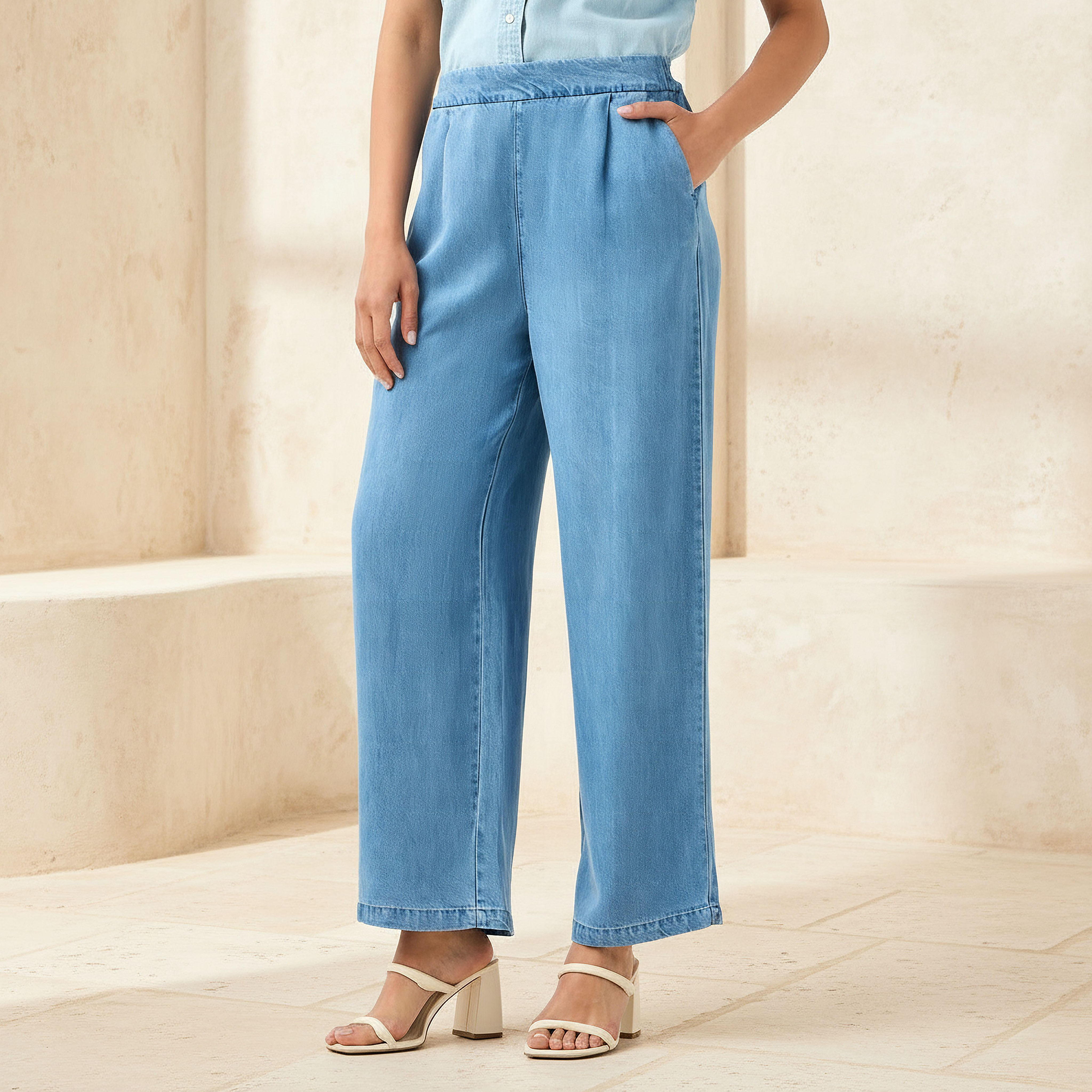 Wide Leg High-Rise Trousers with Elasticated Waistband-women-clothing-bottoms-trousers-image-1