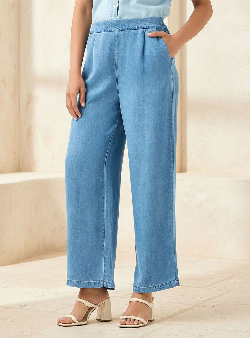 Wide Leg High-Rise Trousers with Elasticated Waistband-women-clothing-bottoms-trousers-image-1