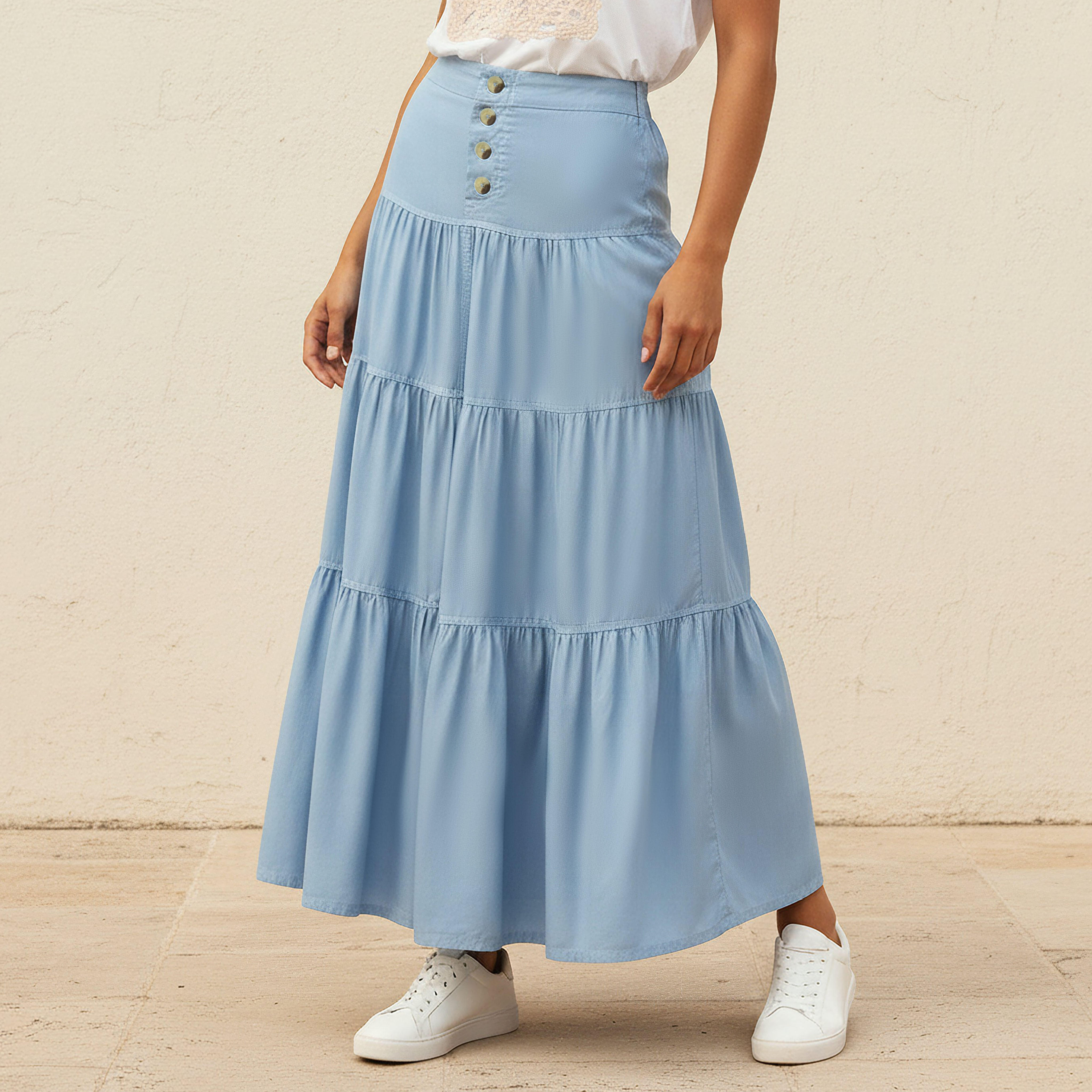 Maxi Length Cotton Tiered Skirt with Button Detail-women-clothing-bottoms-skirts-image-1