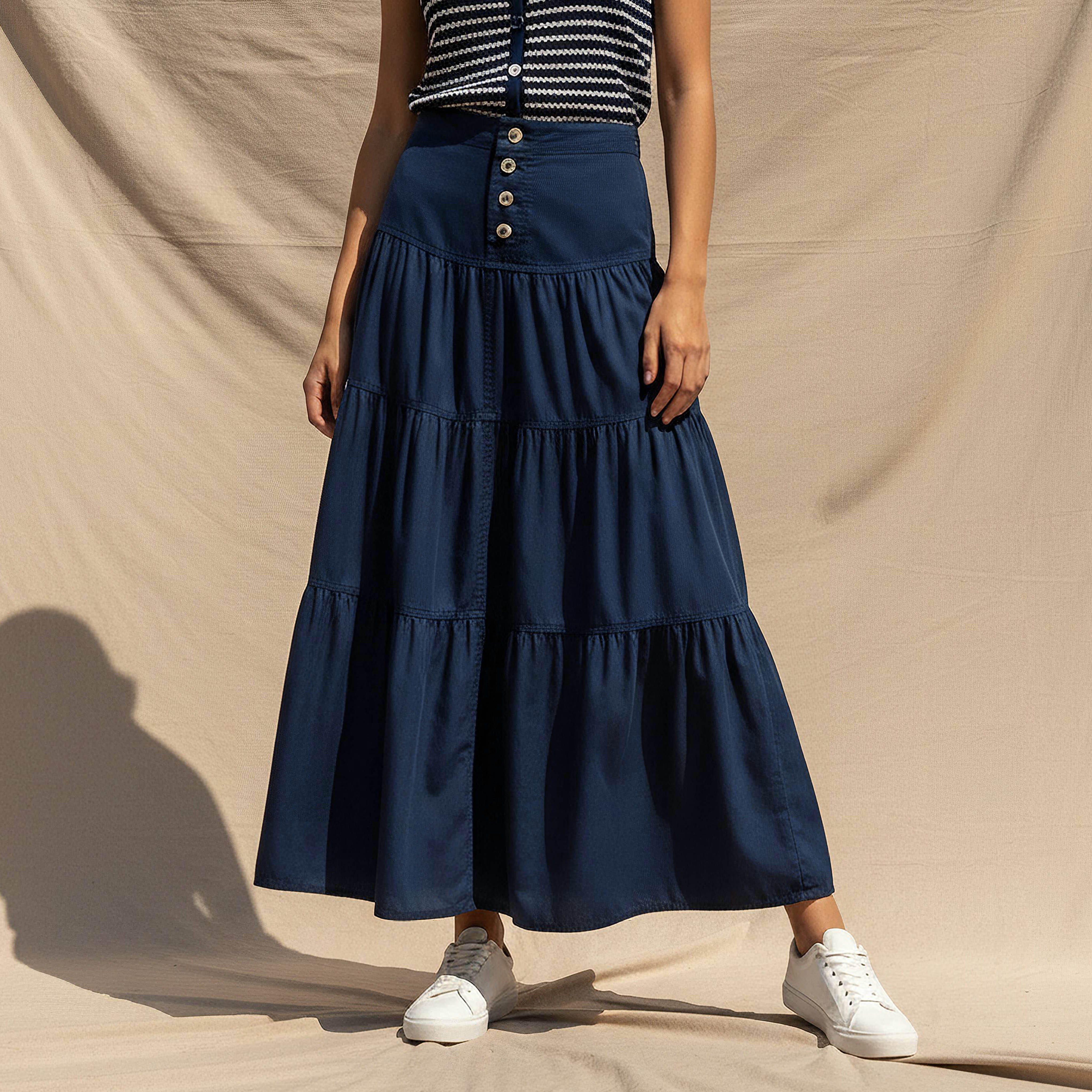 Maxi Length Cotton Tiered Skirt with Button Detail-women-clothing-bottoms-skirts-image-1