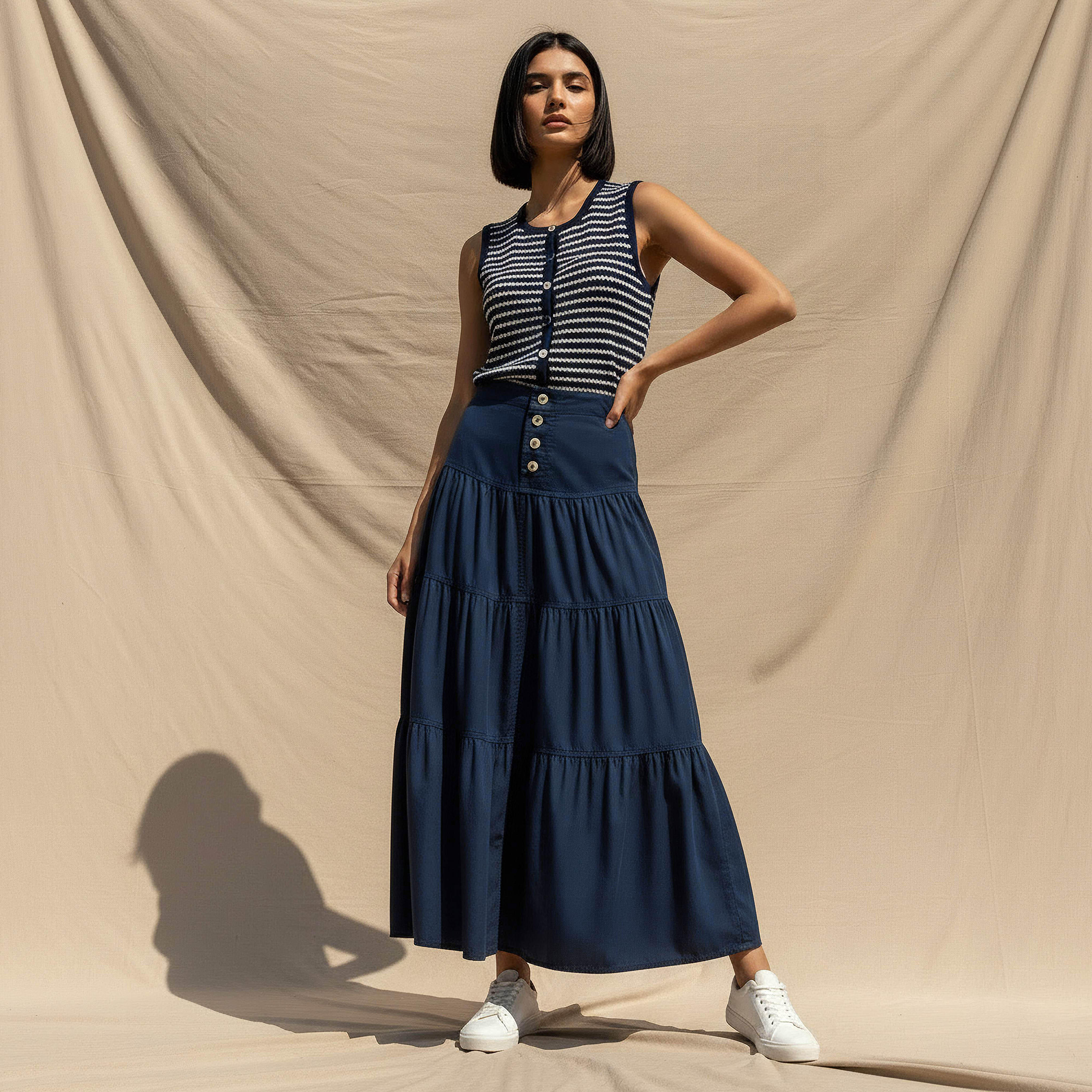 Maxi Length Cotton Tiered Skirt with Button Detail-women-clothing-bottoms-skirts-image-3