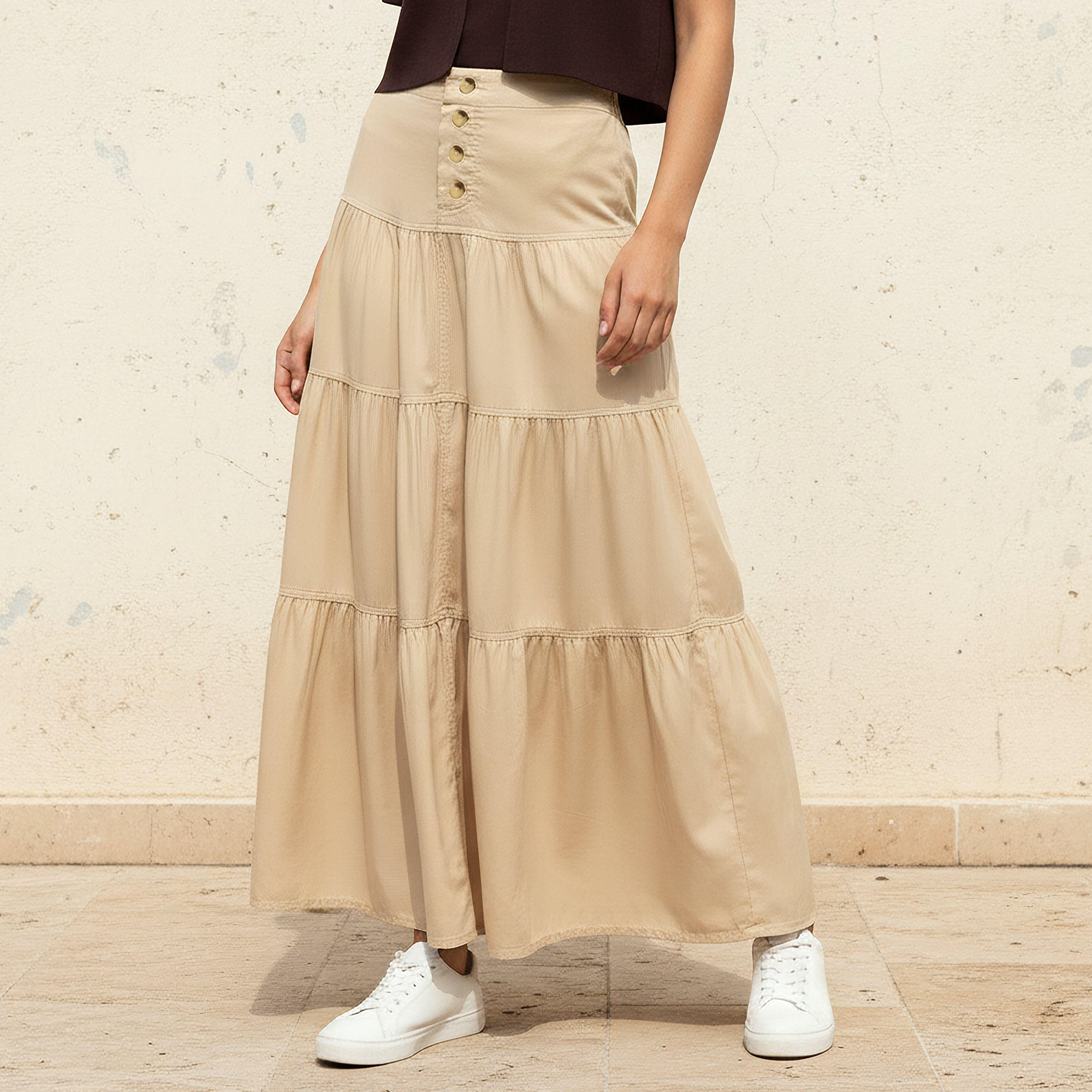 Maxi Length Cotton Tiered Skirt with Button Detail-women-clothing-bottoms-skirts-image-1